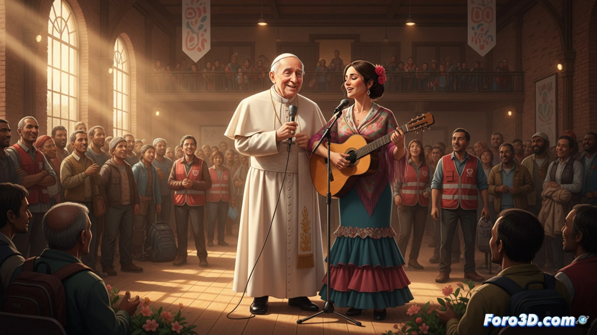 El Papa León XIV y Niña Pastori, unidos en el centro social Cedia 24 Horas de Madrid, entre personas sin hogar.