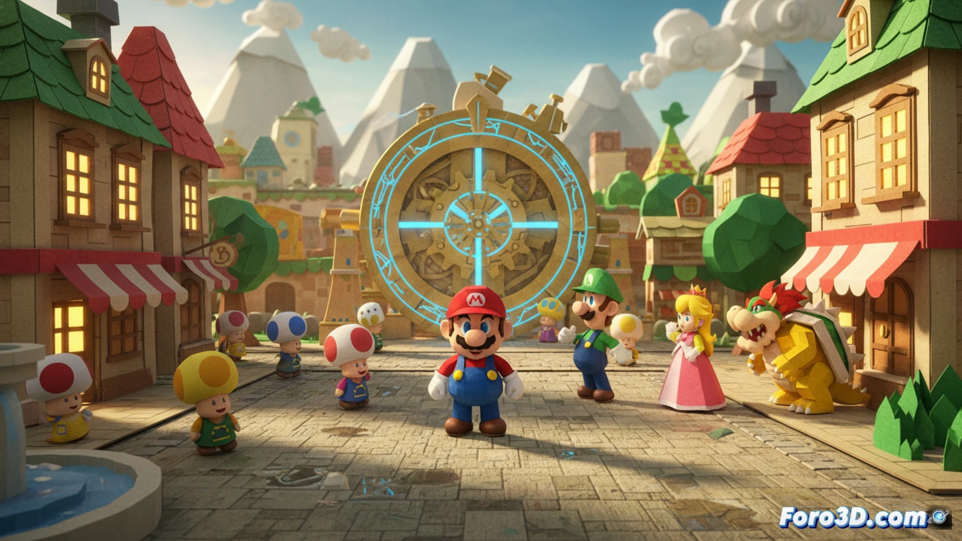 Mario de papel salta sobre un castillo de origami con sombras dinámicas, fondo de manualidades y brillos suaves en Switch.