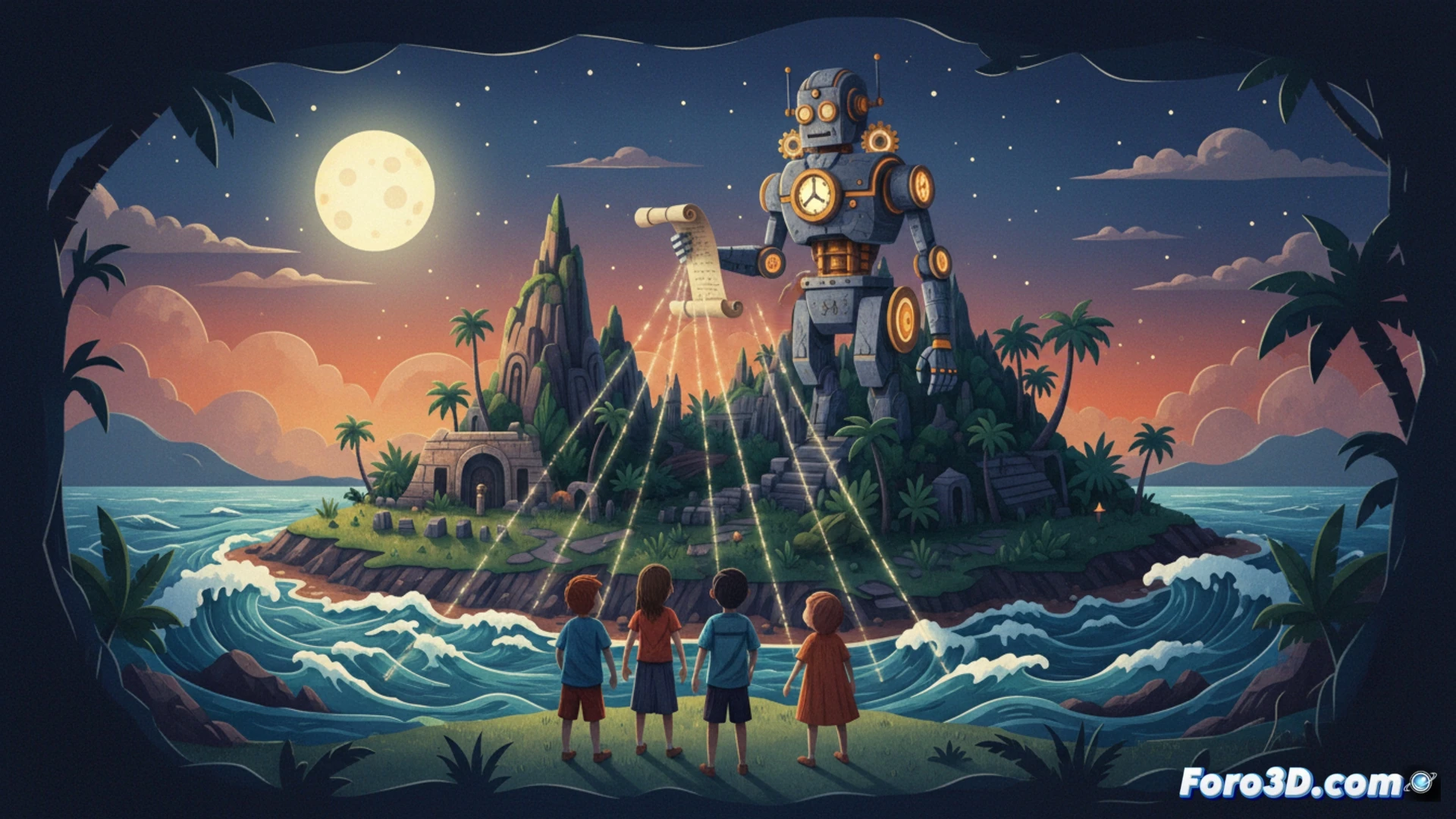 Cuatro niños varados en una isla remota observan a un autómata metálico que señala un mapa, bajo un cielo tormentoso.