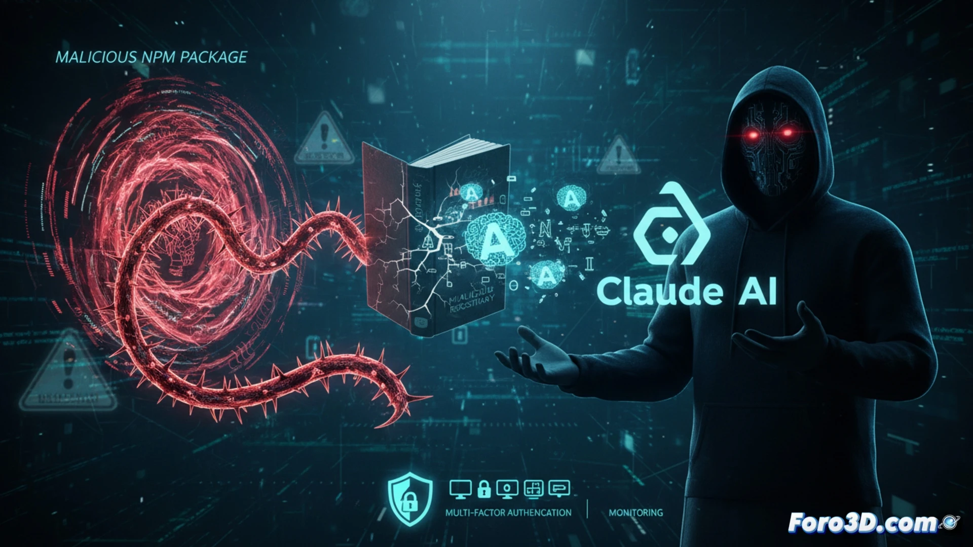 Photorealistic technical illustration showing a malicious npm package transfer from a GitHub repository to a Claude AI interface, a digital thief extracting user data files from a directory folder, the theft process visualized as glowing red code lines being siphoned into a hidden server, broken dependency chains and padlock icons scattered around, cinematic dark blue and red lighting, holographic terminal screens displaying stolen authentication tokens, ultra-detailed circuit board textures, dramatic cybersecurity incident scene, engineering visualization style