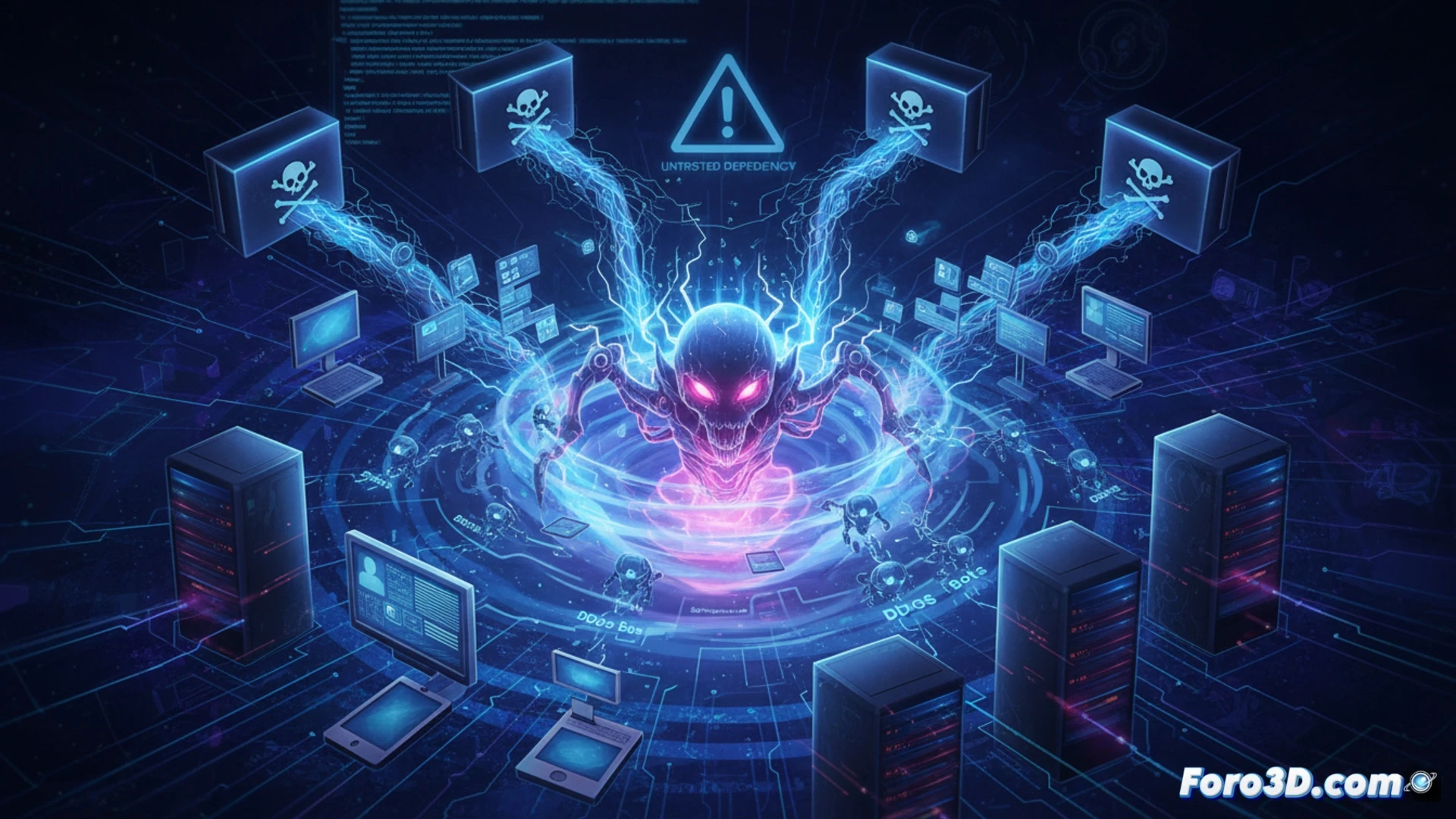 Malicious npm package installation process, terminal window showing code execution while a glowing red Phantom Bot icon activates in background, digital data streams being extracted from a cracked open server rack, multiple network cables converging into a dark cloud representing DDoS attack traffic, technical illustration style, dark cyberpunk aesthetic with neon red and blue highlights, glowing threat indicators on a network topology map, data packets shaped like skulls flowing through fiber optic lines, cinematic security visualization, ultra-detailed circuit board textures, photorealistic cybersecurity render