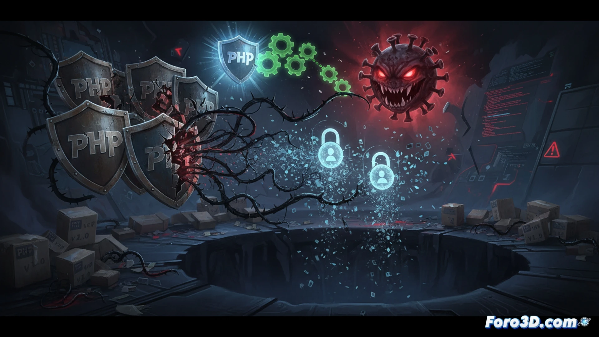 cinematic technical illustration showing a PHP code repository screen with malicious package injection in progress, glowing red virus code strands wrapping around a password database icon, broken chain links between open-source library blocks, dark server room background with flickering monitor lights, terminal windows displaying corrupted dependency trees, security lock icons cracking open, data streams leaking from compromised servers, ultra-detailed digital forensic visualization, dramatic red and blue warning lighting, photorealistic cyber threat representation