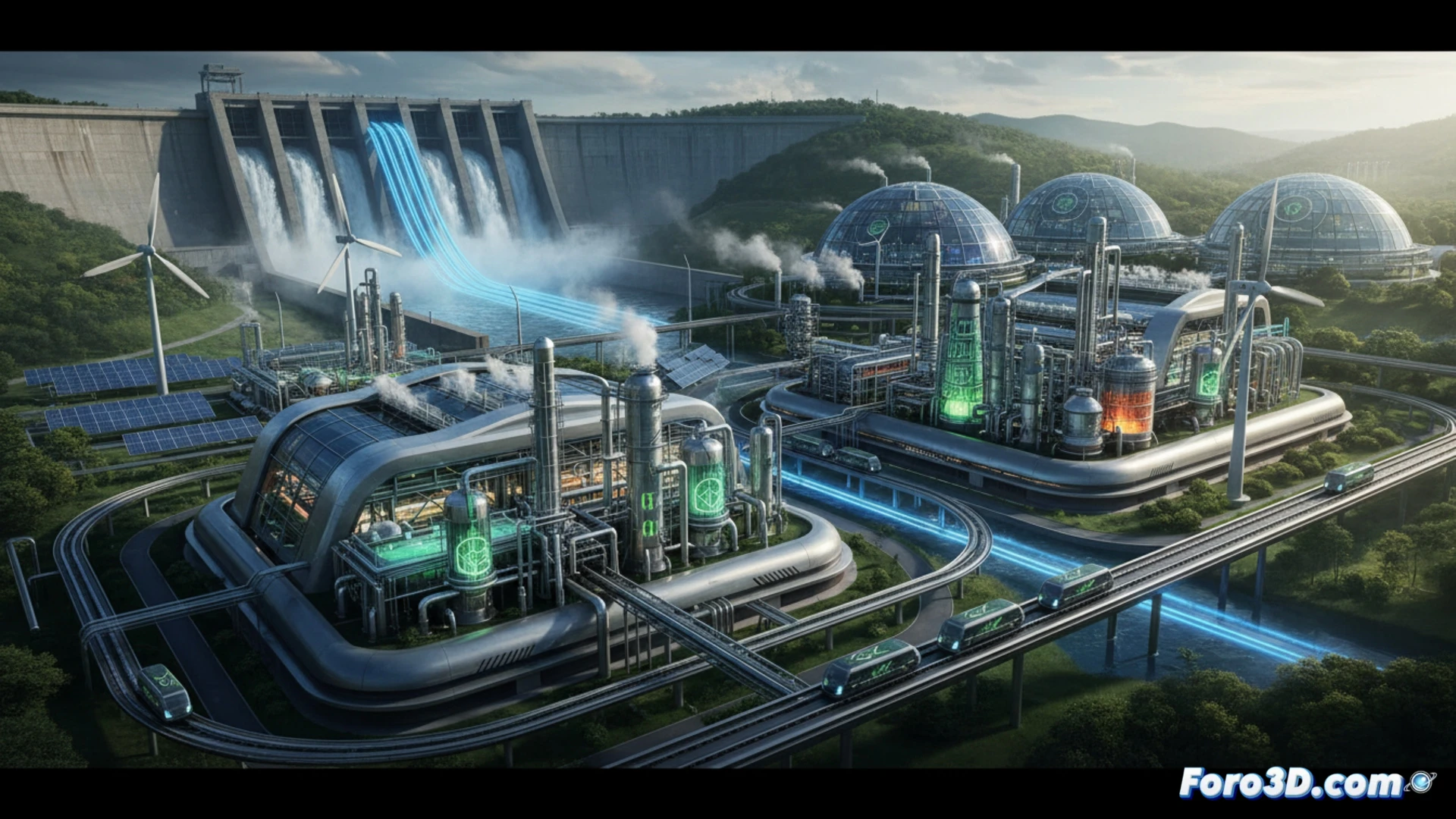 Una planta industrial moderna, con paneles solares y torres de alta tensión conectadas a la represa de Itaipú, produce fertilizantes verdes bajo un cielo despejado, rodeada de campos agrícolas verdes.