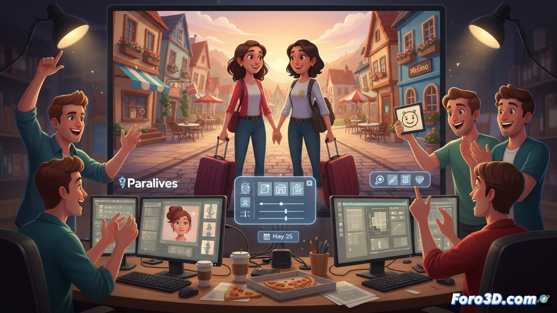 Two women characters disembarking from a vintage train at a sunlit station platform, one holding a suitcase while the other points toward a detailed town skyline, game interface elements like a build-mode cursor and character stats panel floating transparently in the foreground, a split-screen inset showing a house construction process with wall-placing and furniture-editing tools, colorful pastel art style with clean vector lines, bright afternoon lighting, depth of field blur on distant trees, cinematic game-development visualization, demonstrating life-simulation mechanics and open-world customization.