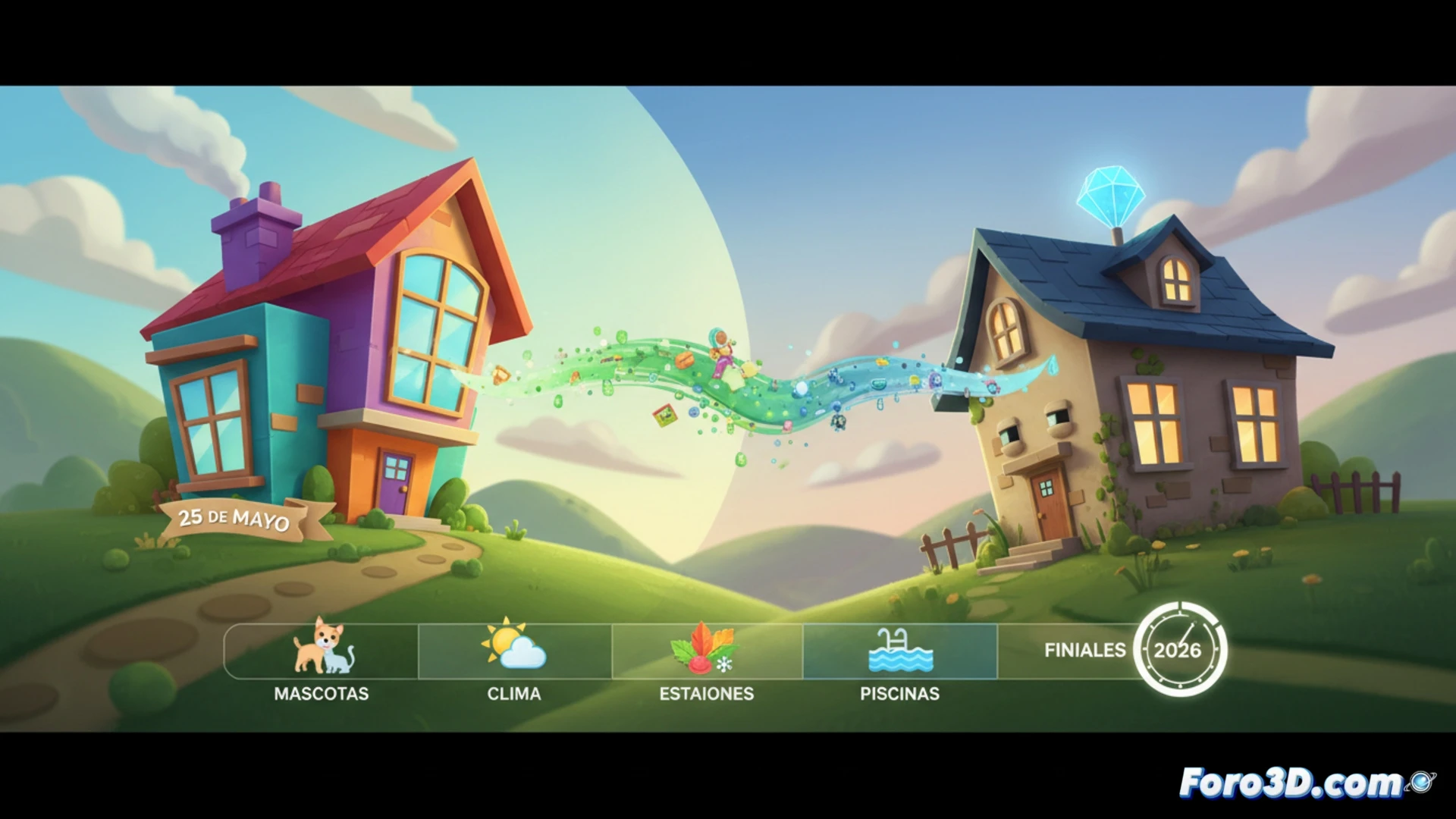 colorful virtual living room scene, a stylized character adjusting wall height using a transparent 3D grid tool, curved furniture with parametric sliders floating in midair, another character painting a wall with a brush tool while a cat watches, dynamic lighting casting soft shadows, isometric view showing modular building mechanics, interface panels with sliders and color wheels on the side, vibrant pastel palette, cozy atmosphere, detailed textures on wooden floor and fabric sofa, cinematic game engine visualization, technical illustration style showing real-time editing process, photorealistic yet stylized rendering, action of customization during gameplay