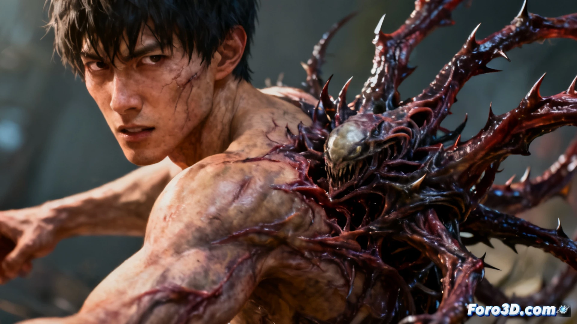 Descripción (80-120 caracteres): Criatura mutante de tentáculos sangrientos enfrenta a humanos en oscuro callejón, bajo neón rojo, estilo live-action coreano.
