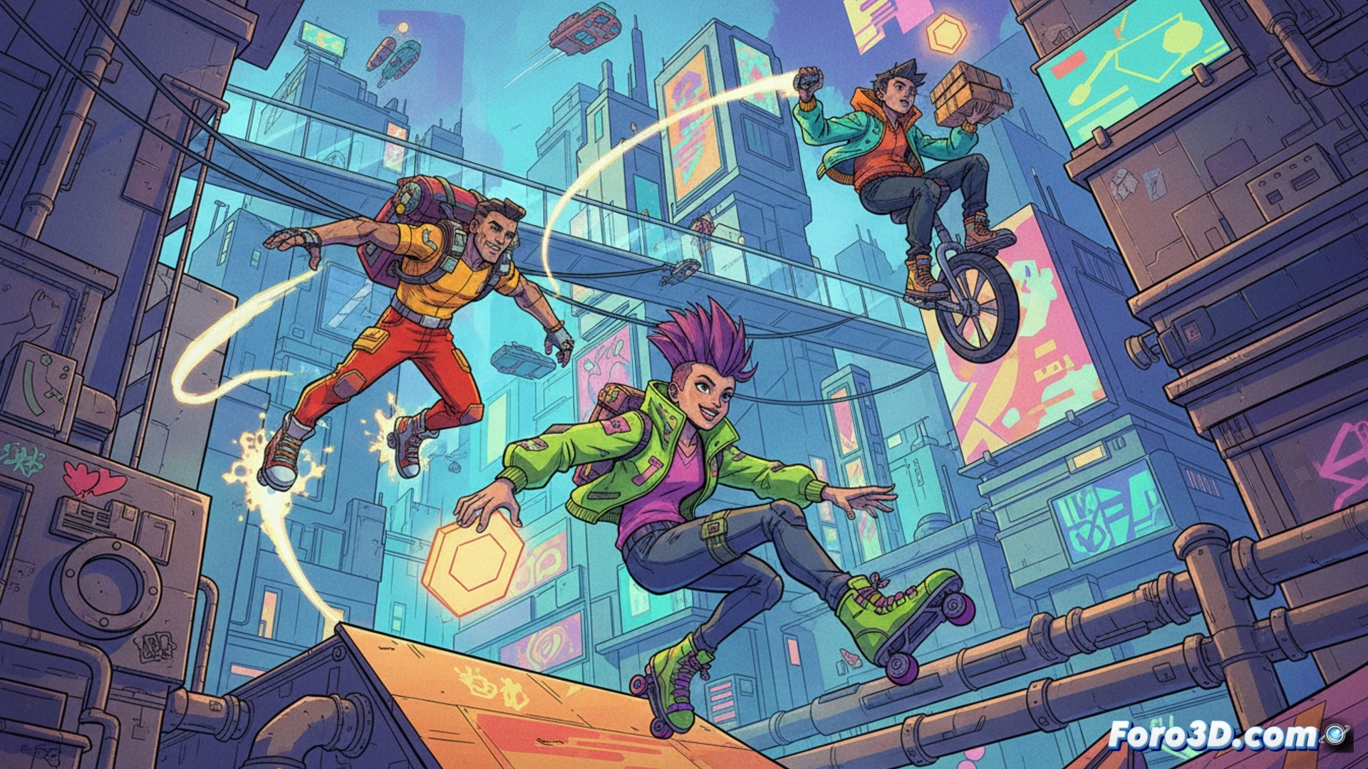 Escena de Parcel Corps con personaje cel-shaded y edificios coloridos sobre fondo vibrante