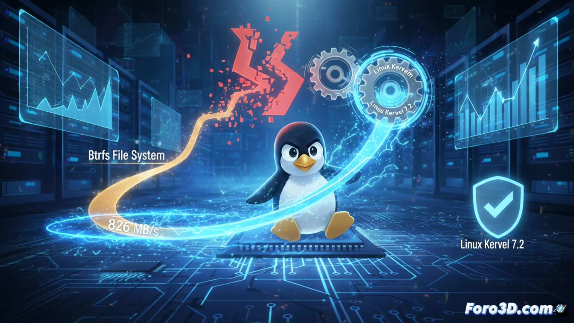 Cutaway view of a Linux kernel data pipeline inside a server motherboard, Btrfs filesystem block layer showing a locked gate mechanism being removed by a glowing wrench icon, data streams accelerating from slow 826 MB/s to fast 1,311 MB/s, hard drive or SSD beneath emitting speed lines and particles, motherboard traces lighting up with green data flow, terminal window in background displaying rising transfer speeds, cinematic technical illustration, photorealistic electronic components, dramatic blue and orange lighting, motion blur on data particles, ultra-detailed circuit board textures, engineering visualization style