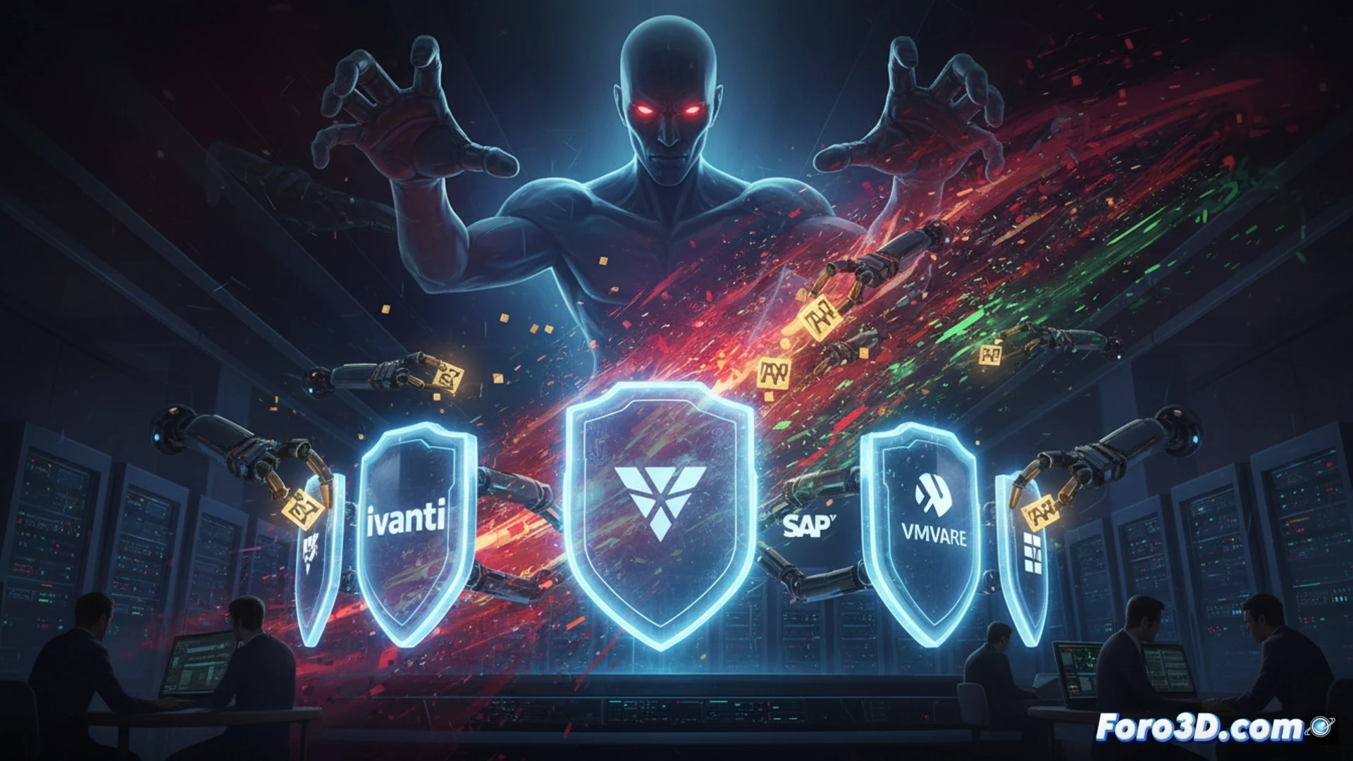 cinematic photorealistic technical illustration, cybersecurity operations center with three floating holographic panels showing Ivanti, Fortinet, and SAP logos, glowing red alert indicators pulsing, a system administrator clicking a deploy patch button on a central console, green checkmarks appearing over each logo during the update process, server racks in background with blinking blue and amber LEDs, digital chains breaking on each hologram, dark blue ambient lighting with orange emergency highlights, ultra-detailed keyboard and screen reflections, dramatic industrial atmosphere, engineering visualization style