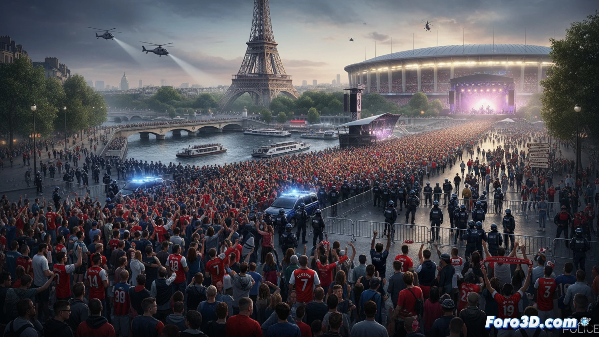 Aerial view of Paris cityscape at dusk, 8,000 police officers in formation deploying across streets near Parc des Princes stadium and La Défense Arena, tactical vehicles blocking intersections while traffic cones and barriers redirect cars, glowing stadium lights and concert stage visible in background, digital command center screens showing real-time crowd density maps, photorealistic cinematic urban security visualization, blue-red police lights reflecting on wet asphalt, dramatic wide-angle shot demonstrating simultaneous event management, ultra-detailed architectural geometry, high-contrast evening lighting