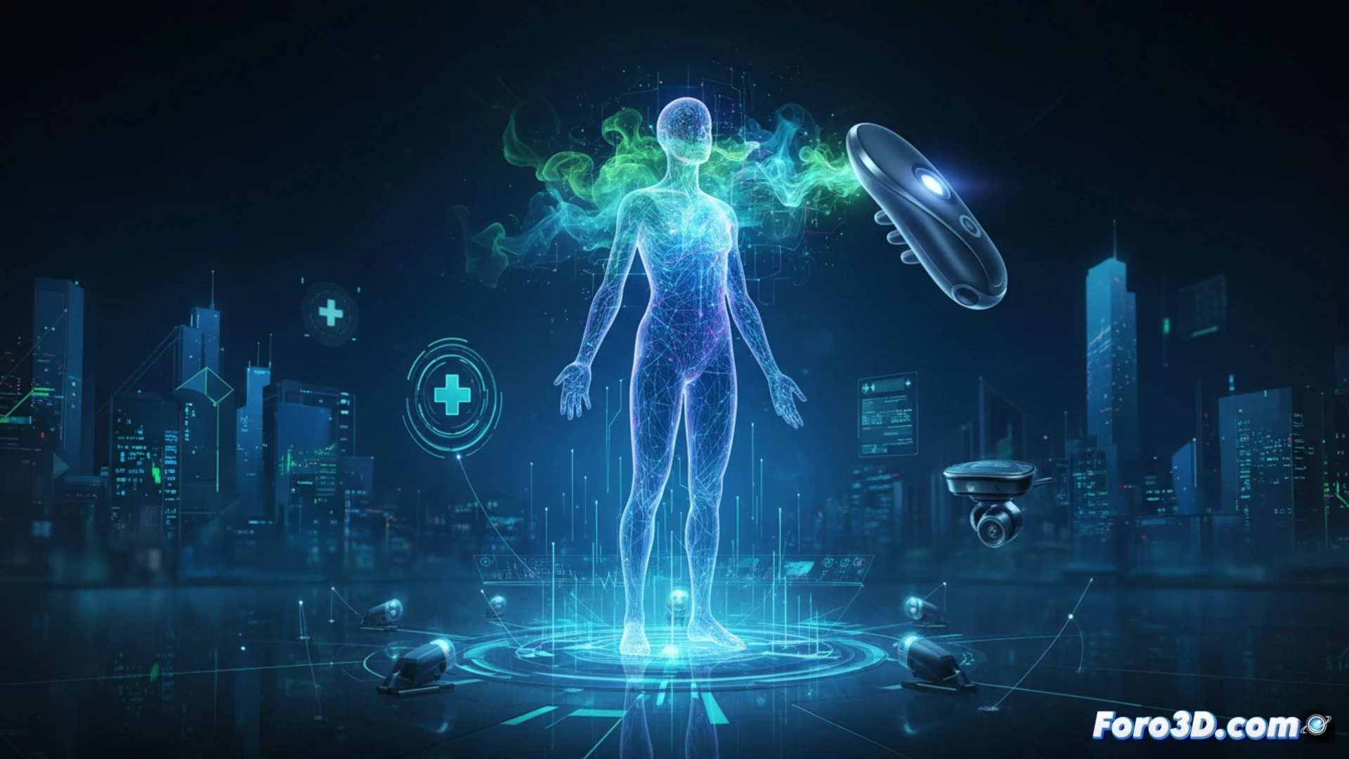 Photorealistic medical diagnostic scene showing a Parkinson patient exhaling into a breath analysis device while a motion-tracking camera system captures limb movements, multiple sensor nodes attached to fingertips and wrists transmitting wireless data to a holographic monitor displaying real-time gait patterns and biomarker waveforms, lab technician adjusting spectral analyzer beside a microfluidic chip processing fluid samples, subtle blue laser scanning exhaled particles, clean clinical environment with soft ambient lighting, high-contrast technical visualization emphasizing diagnostic precision, ultra-detailed medical equipment, cinematic depth of field