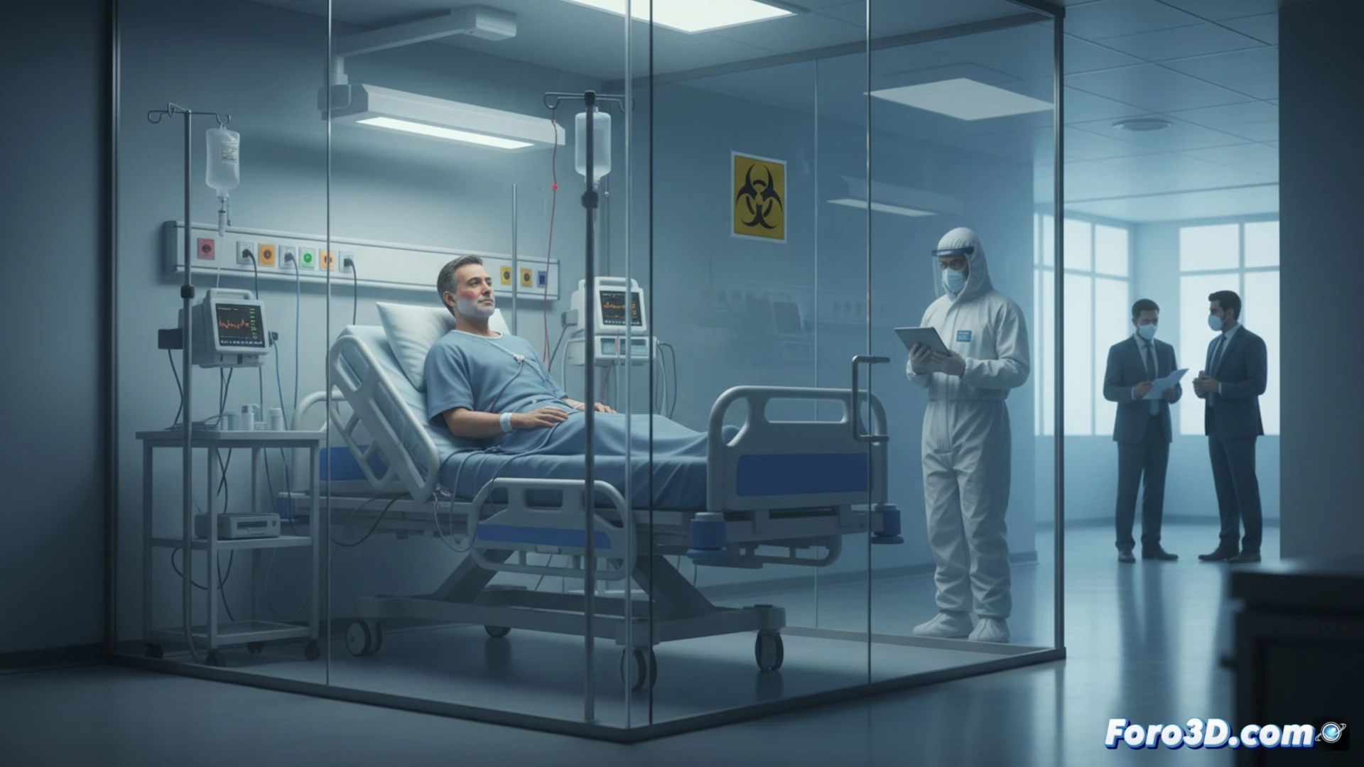 Un paciente estable y aislado en una cama de hospital, con monitores médicos y un letrero de Alto Nivel de Aislamiento.