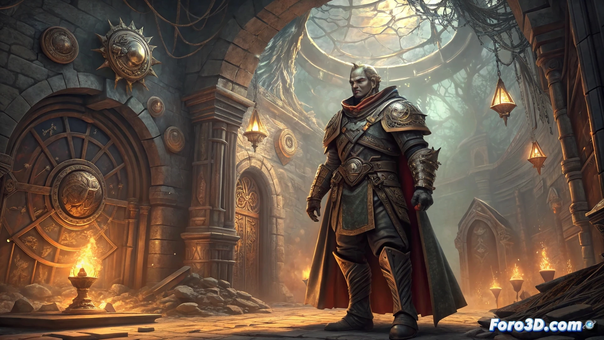 Un guerrero sombrío avanza por un mapa infernal remodelado, frente a un jefe colosal de patrones complejos, mientras capas de mecánicas de liga brillan como torre de Babel.