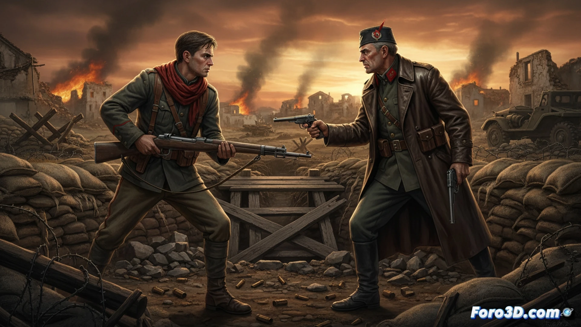 Two soldiers in muddy trenches face each other at dawn, one in republican militia jacket holding a rusted shovel, the other in national army coat gripping a broken rifle, both frozen mid-motion as a crumbling stone wall divides them, cinematic war drama visualization, photorealistic historical scene, dirt and smoke particles suspended in cold morning light, wet earth on uniforms, frayed fabric textures, dramatic chiaroscuro lighting from low sun, ultra-detailed period clothing, gritty realism, no visible text or numbers