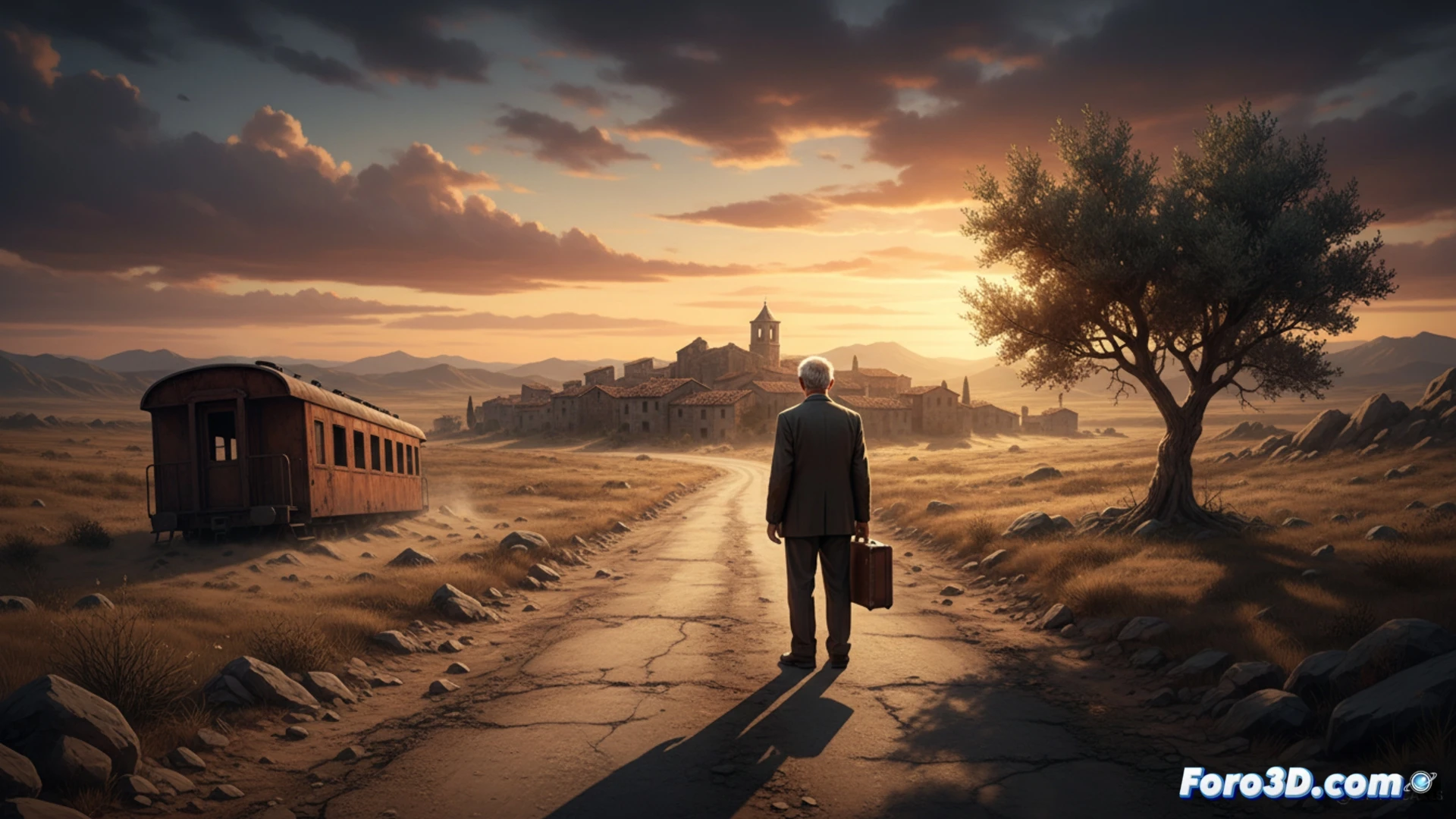 deserted Castilian village street at golden hour, cracked cobblestones and weathered stone walls, an elderly man in worn 1950s clothing holds a rusted farming tool while gazing at an empty plaza, a faded train ticket from 1959 peeks from his jacket pocket, his calloused hands show years of labor, cinematic photorealistic style, warm amber light casting long shadows, dust particles floating in sunbeams, abandoned wooden cart with broken wheel in background, emotional solitude, ultra-detailed textures on stone and fabric, dramatic contrast between light and shadow, nostalgic melancholy atmosphere