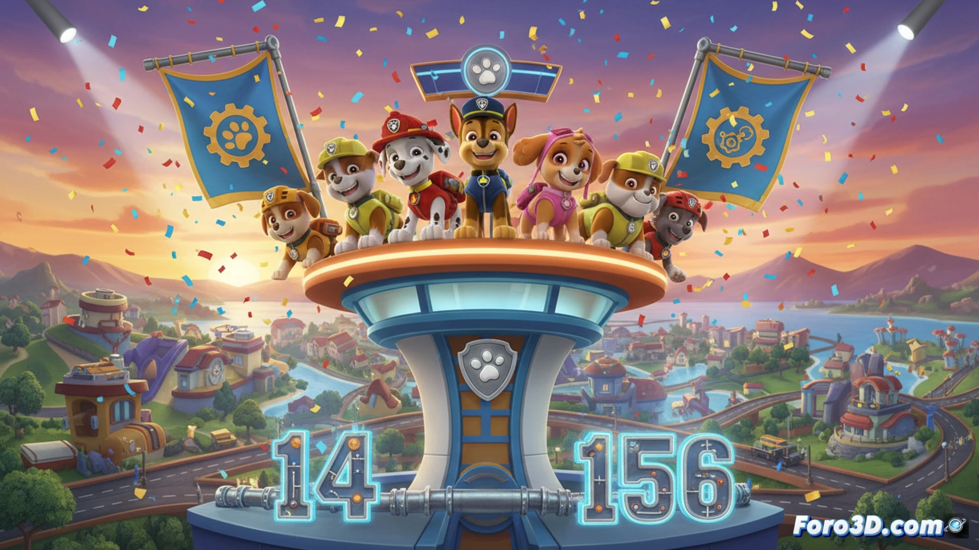 Rubble and Chase standing side by side on a bright blue digital interface background, both wearing futuristic construction helmets with glowing LED headlamps, Rubble holding a miniature jackhammer mid-action while Chase points at a holographic blueprint floating between them, small sparks and dust particles flying from the jackhammer tip, glowing orange and blue data streams flowing around the blueprint, cinematic technical illustration style, clean vector-like edges with photorealistic textures on fur and tools, soft blue ambient light from the hologram, high-contrast studio lighting, detailed paw pads and tool grips, action frozen in mid-motion