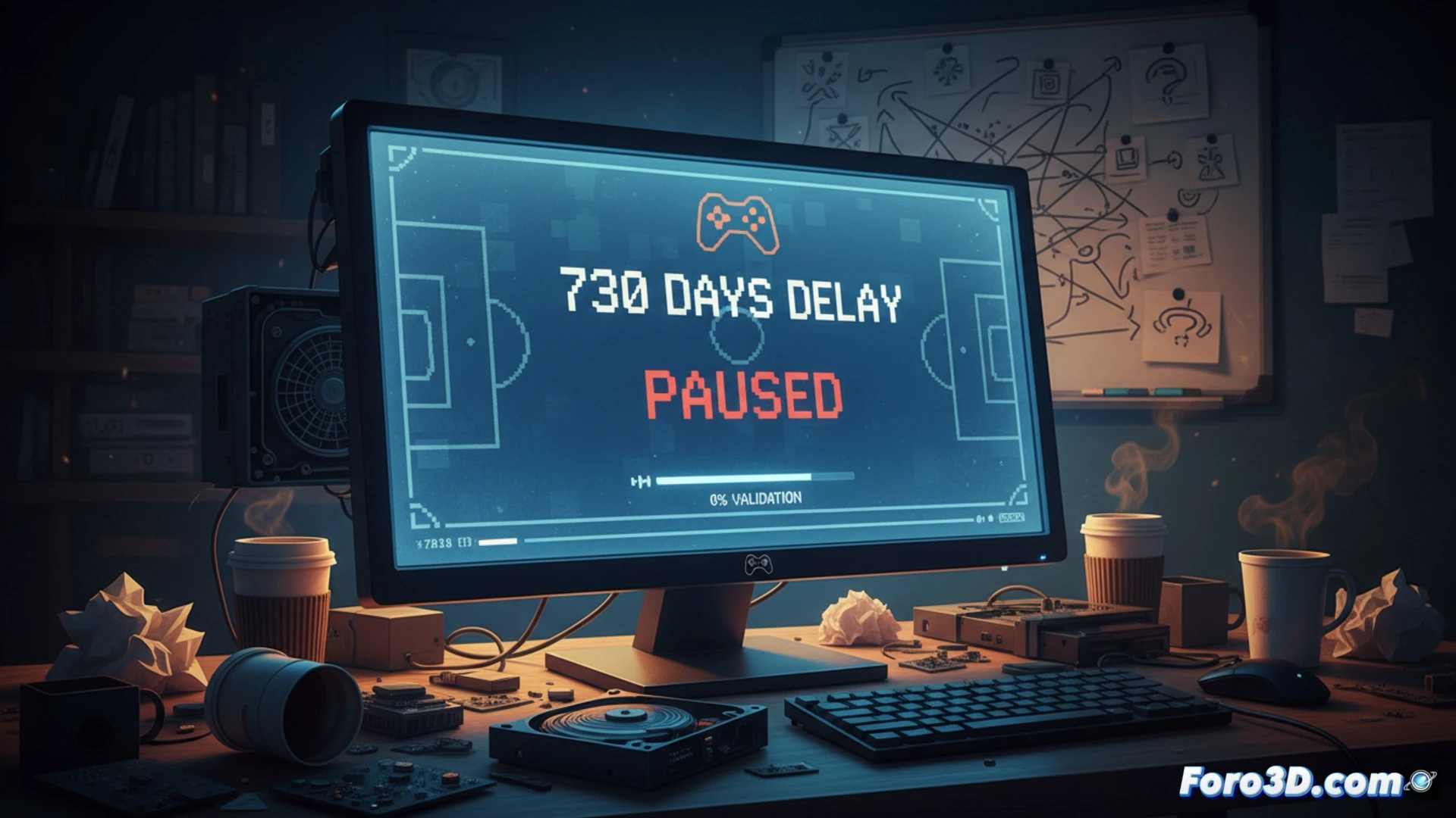 Un reloj roto marca 730 días mientras un monitor apagado muestra la portada de PC Fútbol 8.