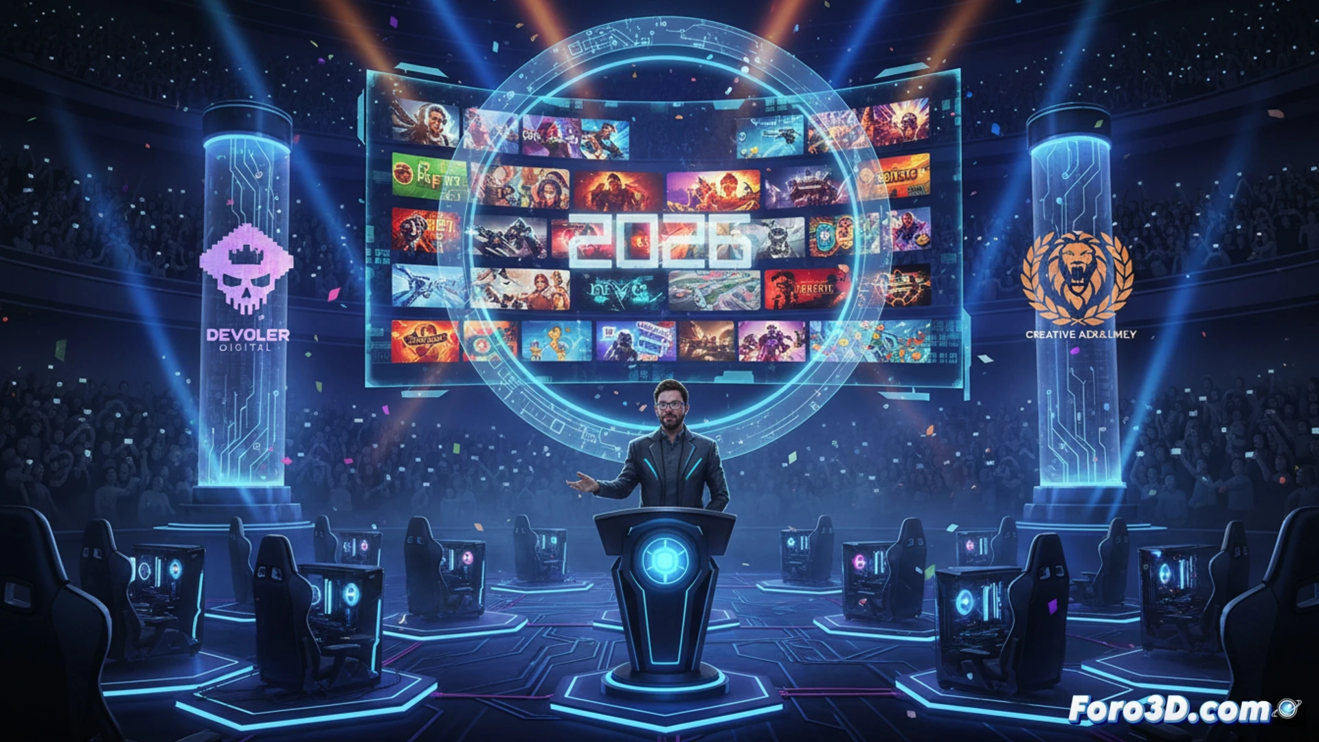 Una sala virtual con 50 carteles de juegos iluminados, logos de Devolver y Creative Assembly, y Gareth Damian Martin al centro.