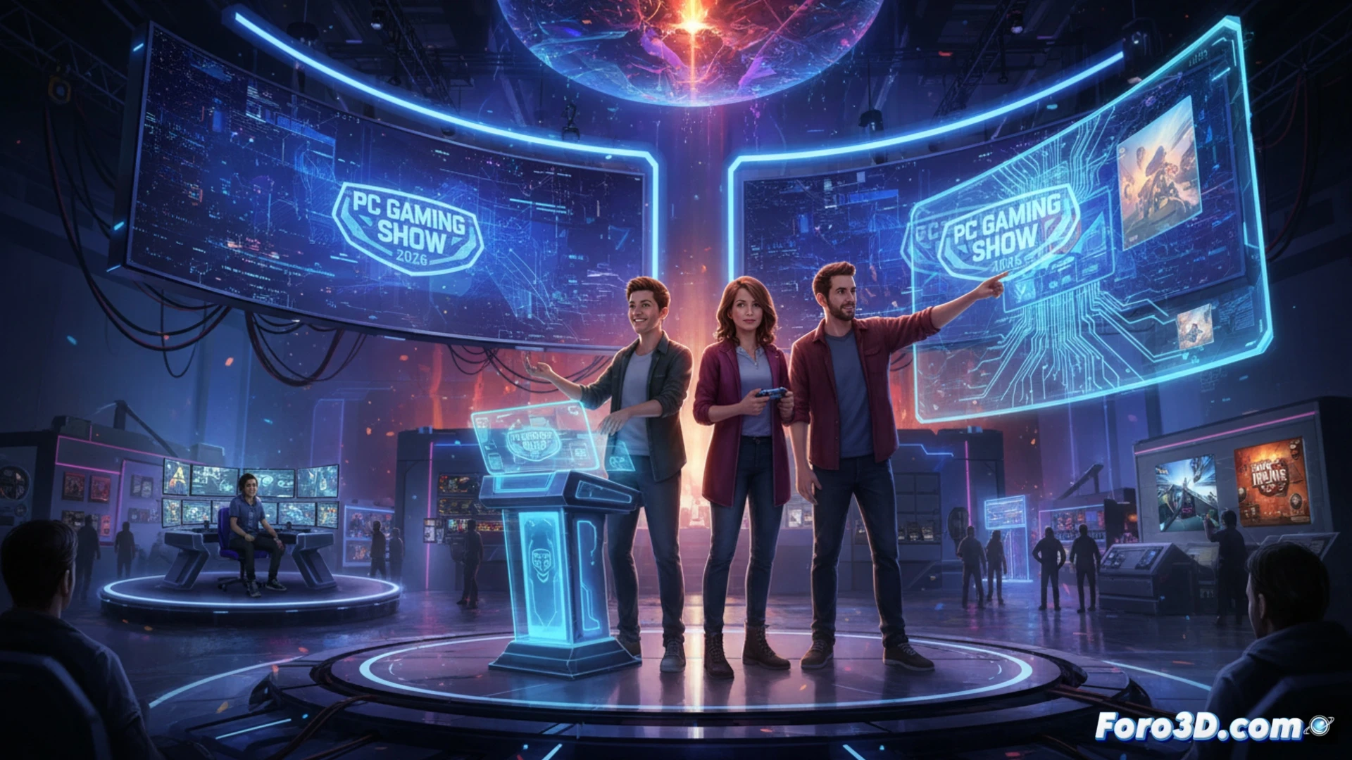 Cartel con Frankie Ward, Mica Burton y Day[9] sonrientes ante micrófonos y pantallas de PC Gaming Show 2026.