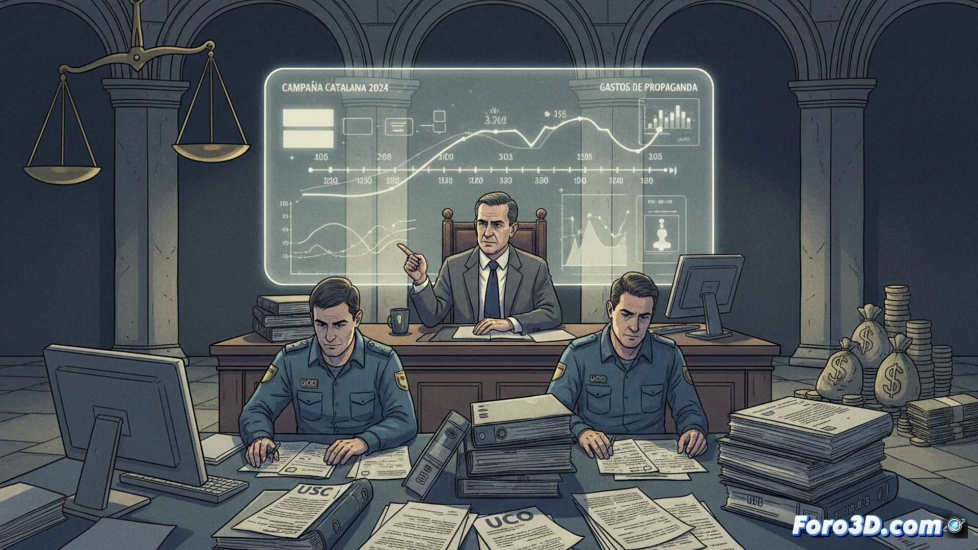 forensic accountant examining campaign finance documents under magnifying glass, laptop screen displaying spreadsheet with highlighted rows, stacked folders labeled with party logos and election dates, UCO agent reviewing paper invoices for propaganda expenses, judicial seal stamp on official request letter, photorealistic technical illustration, bright desk lamp casting shadows on scattered receipts, neutral office background with blurred law books, high-contrast lighting emphasizing document details, cinematic investigative atmosphere