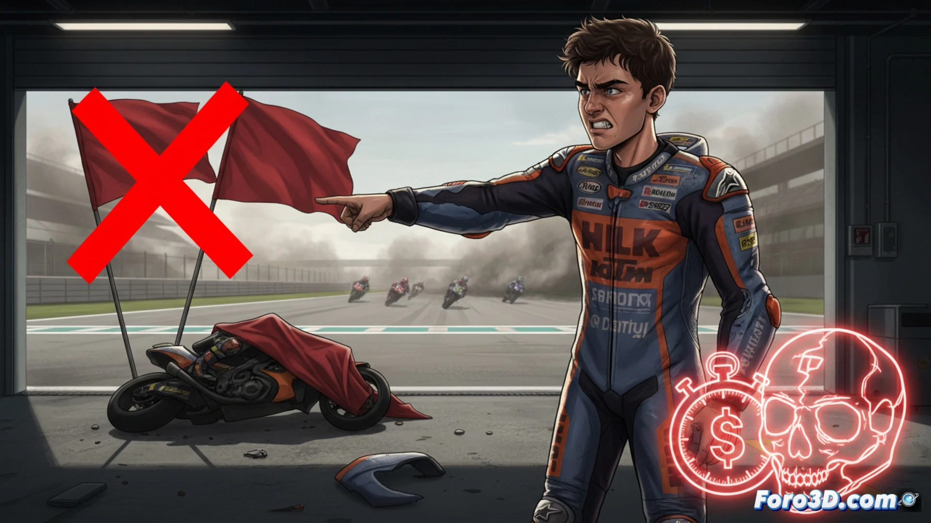 MotoGP pit lane chaos after double red flag crash, race director pointing at restart signal while Pedro Acosta gesturing angrily toward officials, medical team rushing with stretcher in background, damaged bike being lifted by marshals, timing screens showing interrupted lap count, cinematic sports documentary style, harsh daylight, dust particles in air, tense body language, realistic pit lane environment, high-contrast lighting, photorealistic race photography aesthetic