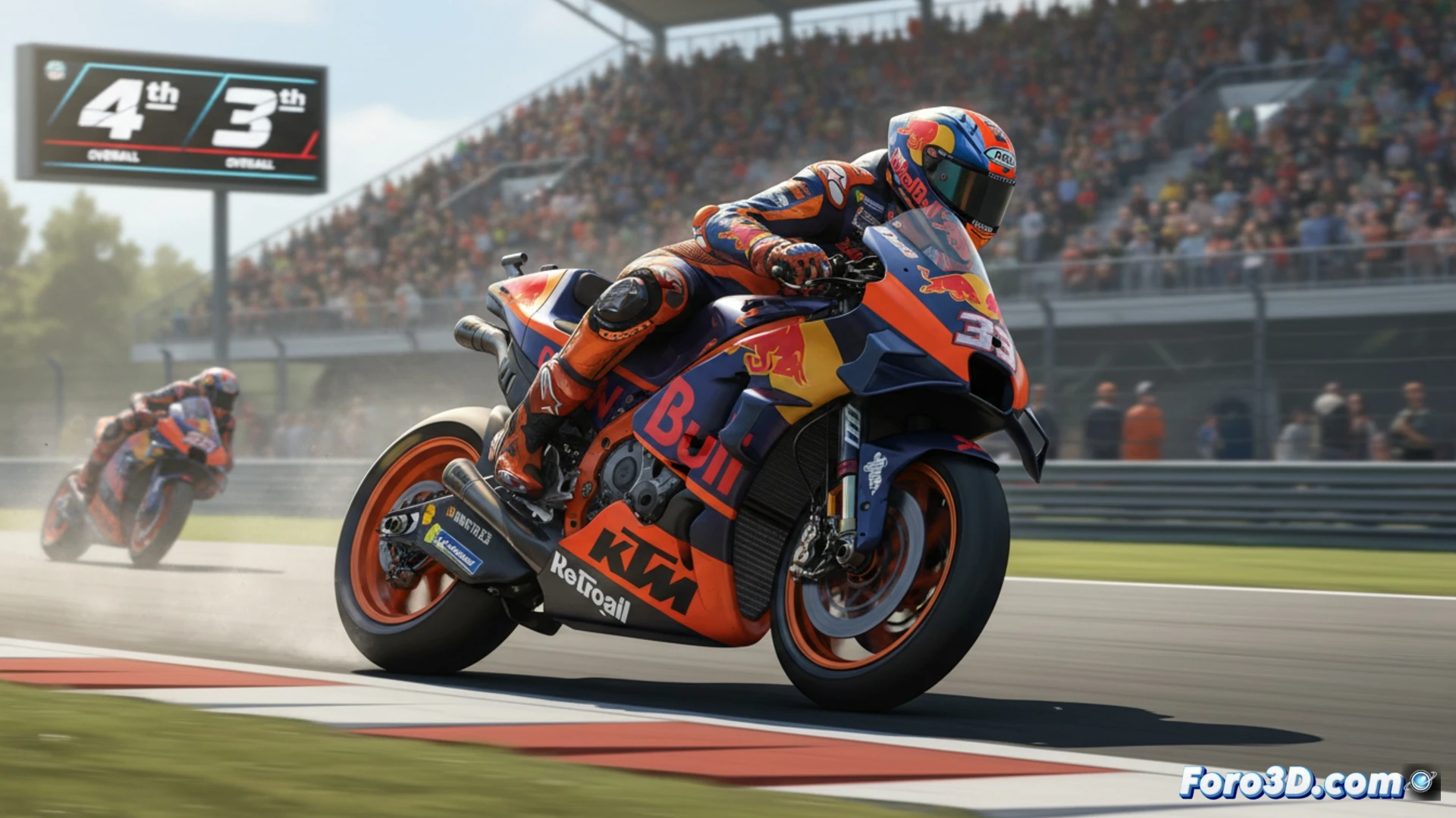 Pedro Acosta, con su KTM naranja, cruza la meta en cuarto lugar; fondo de box y banderas de MotoGP.