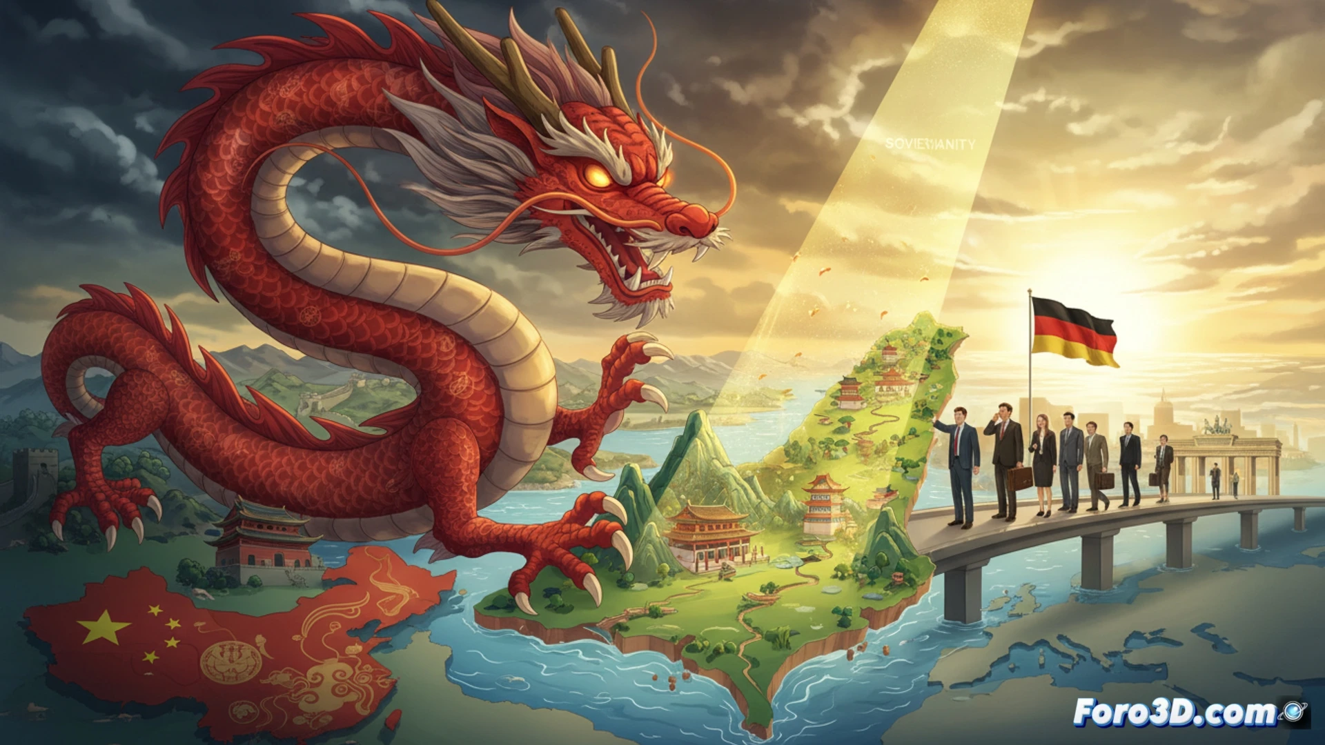Cinematic political visualization showing a German Bundestag delegation entering a Taipei government building while a large digital map of China highlights Taiwan as an inseparable province, Chinese Foreign Ministry officials monitoring the scene on multiple screens displaying real-time diplomatic alerts, red territorial lines glowing on the map, German flags and EU symbols visible on documents being exchanged, photorealistic technical illustration, dramatic geopolitical tension lighting, ultra-detailed government architecture, high-contrast shadows, professional news-style composition.