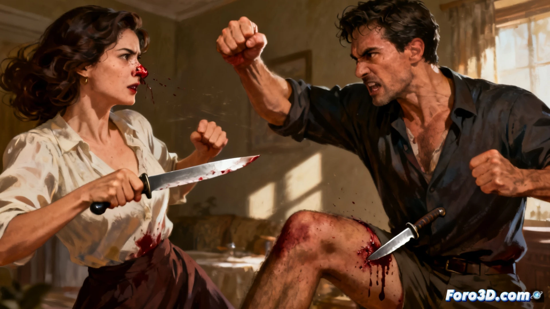 photorealistic domestic violence scene, man holding bleeding thigh while woman stumbles back with broken nose, kitchen knife on floor, blood splatter on ceramic tiles, shattered glass near overturned chair, dark living room with dim ceiling light, forensic evidence markers visible, tense aftermath moment, cinematic crime scene lighting, ultra-detailed textures of wounds and clothing, dramatic shadows, photorealistic technical illustration