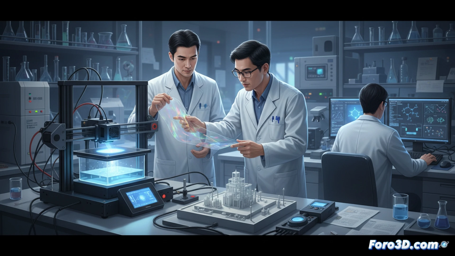 Descripción: Microscopio enfoca luz azul sobre película ultrafina; capas de resina y píxeles LCD nítidos contrastan con área borrosa, simbolizando reducción de dispersión lumínica.