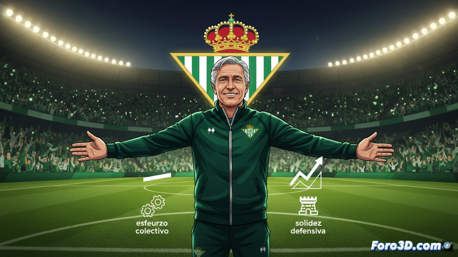 Estadio iluminado al atardecer, entrenador Manuel Pellegrini señalando un pizarrón táctico digital, once jugadores en formación defensiva compacta sobre el campo, gráficos de rendimiento superpuestos mostrando líneas de presión y solidez defensiva, balón en movimiento durante un contraataque detenido, brazos levantados del técnico demostrando control táctico, consola de análisis con datos de partido, estilo cinematográfico técnico, luces de estadio creando sombras dramáticas, render fotorrealista de alta definición, textura de césped detallada, sudor visible en jugadores, ambiente de concentración absoluta.