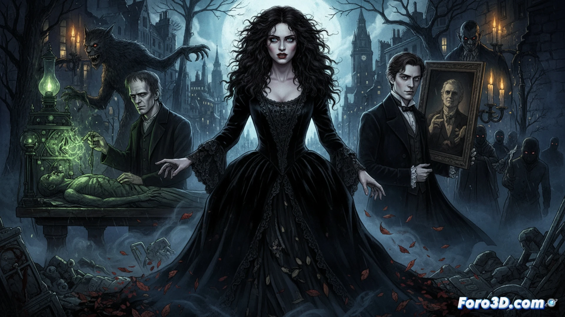 Vanessa Ives con mirada intensa y vestido victoriano, rodeada por la criatura de Frankenstein y Dorian Gray en un Londres oscuro y brumoso.