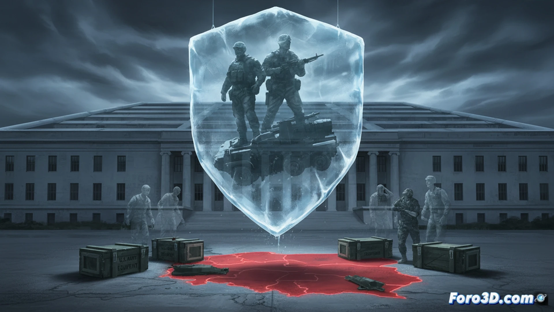 Military deployment freeze scene, four thousand soldiers in full combat gear standing still on a frozen tarmac, empty transport aircraft with open cargo bay doors, stacked wooden crates and military equipment abandoned near the runway, snow-covered Humvees and artillery pieces partially wrapped in tarps, a single officer holding a radio receiver with a confused expression, cloudy grey sky, cinematic photorealistic style, cold blue lighting, mist rising from soldiers' breath, motionless formation stretching into the distance, abandoned logistics chain, dramatic tension in the composition, ultra-detailed uniforms and vehicle textures, realistic winter atmosphere
