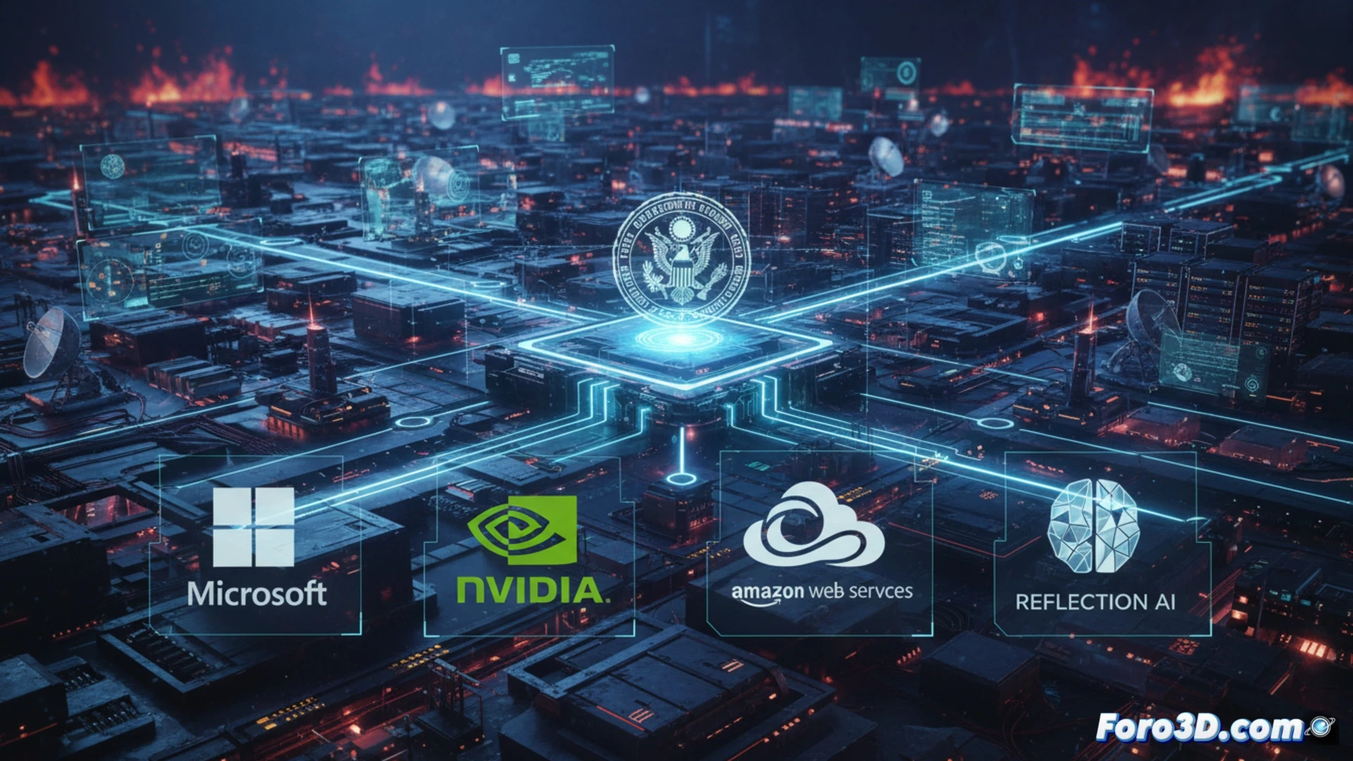 Un salón de guerra iluminado por pantallas azules y rojas, con soldados junto a supercomputadoras y logos de Microsoft, Nvidia y AWS.