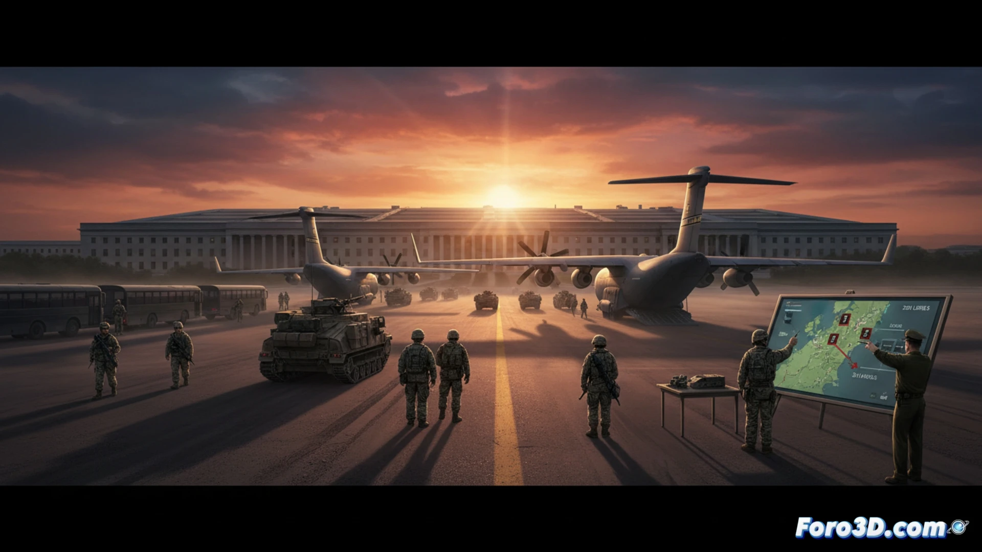 three US Army brigade combat team vehicles parked on a European airbase tarmac, a C-17 Globemaster cargo plane loading a Stryker armored vehicle during redeployment, military logistics personnel securing equipment, NATO flags and US flags on adjacent buildings, autumn overcast sky, cinematic photorealistic style, dramatic low-angle shot, detailed military hardware, wheel chocks and tie-down chains visible, dust particles in air, industrial airbase lighting, hyperrealistic textures, technical military illustration
