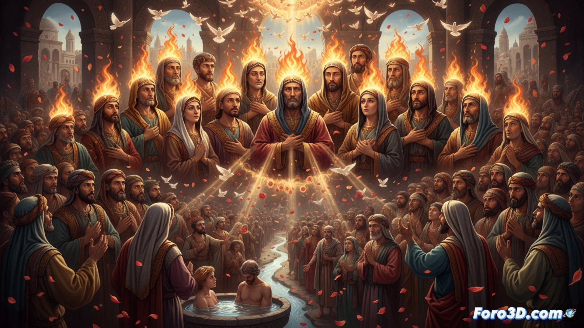 Rosa petals falling from wooden church rafters onto a crowded stone floor, multicolored tongues of fire hovering above diverse faces, hands raised in prayer, sunlight streaming through stained glass windows casting red and gold light, people from different cultures embracing each other, tears of joy streaming down faces, ancient stone architecture, dramatic chiaroscuro lighting, cinematic composition, photorealistic religious illustration, detailed fabric textures, atmospheric dust particles illuminated by divine light, emotional expressions of wonder and unity, ultra-detailed Renaissance painting style
