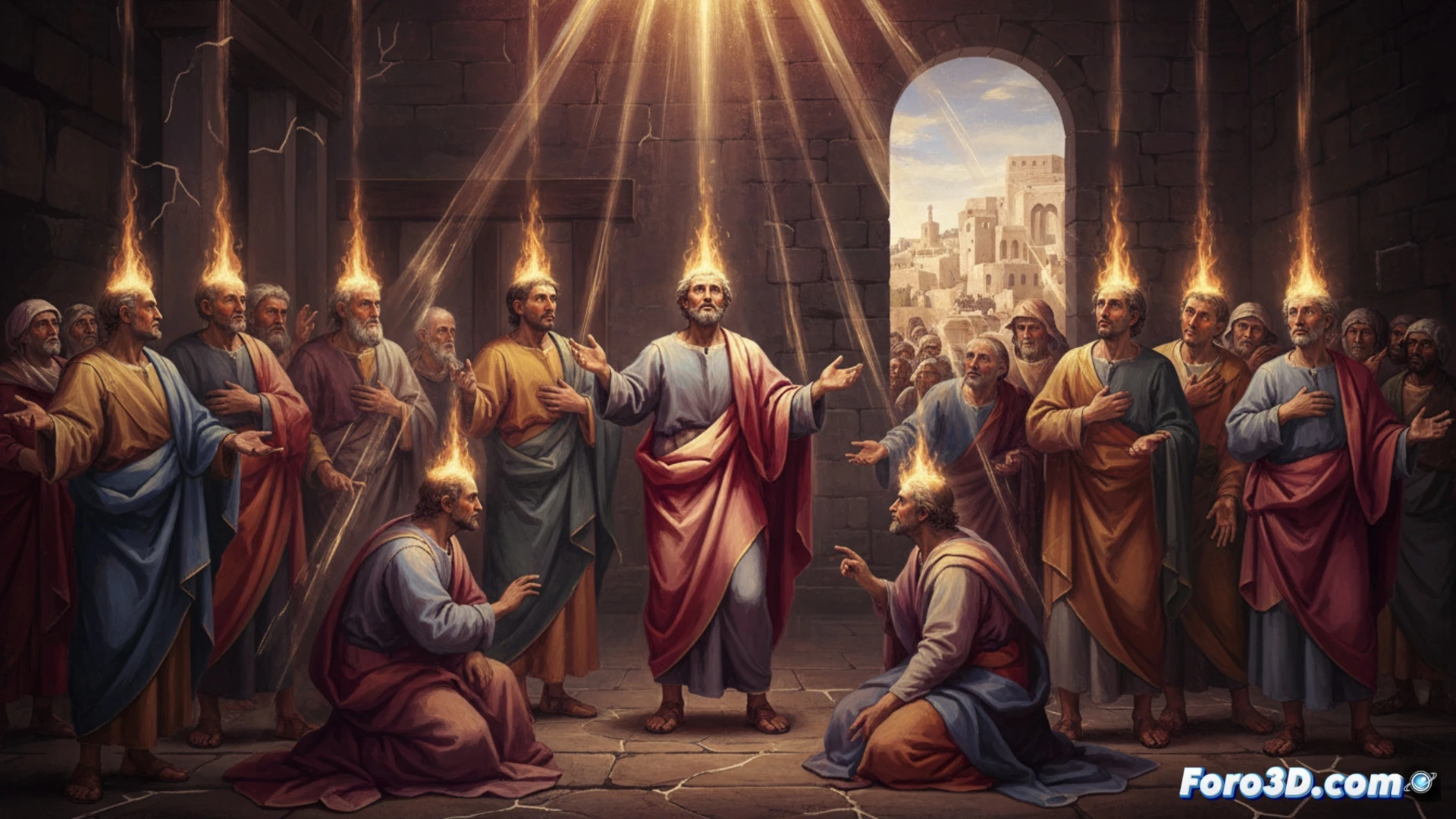 Cinematic wide shot of eleven men in first-century robes standing in an upper room, hands raised toward a brilliant digital beam of light descending from above, holographic interface elements like glowing circuit boards and binary data streams swirling around their heads, their shadows transforming from static outlines into dynamic blueprints of gears and wires, wooden floor with scattered scrolls and clay oil lamps, photorealistic biblical scene with cybernetic upgrade aesthetic, dramatic chiaroscuro lighting, golden and electric blue color palette, ultra-detailed textures on stone walls and woven fabric, motion blur on swirling particles, technical illustration style reminiscent of a system update visualization.