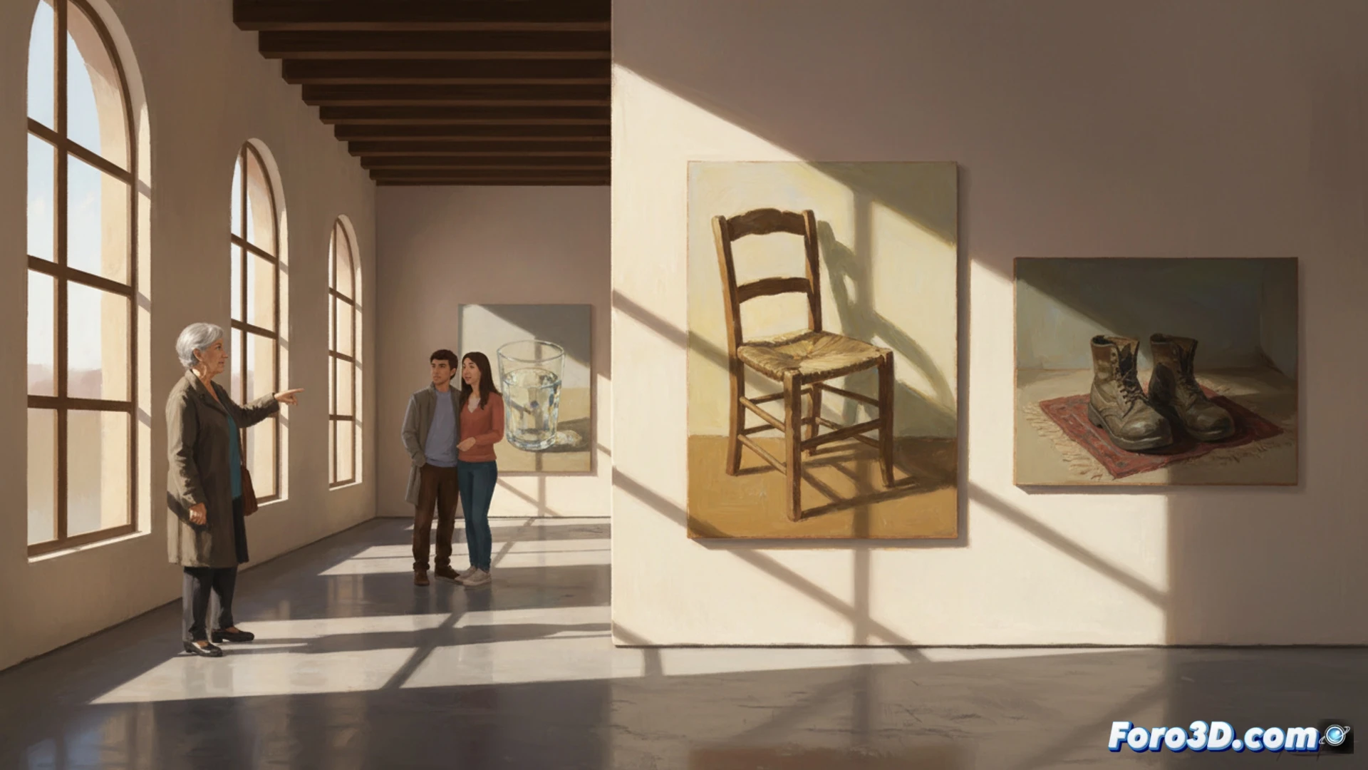 Pepe Carretero sosteniendo un pincel fino frente a un caballete en un estudio iluminado por luz natural, pintando una silla de madera desgastada con una ventana abierta al fondo, brochazos visibles de óleo sobre lienzo transformando lo simple en arte, paleta de colores tierra y sombras suaves, estilo photorealistic cinematic, textura de pinceladas gruesas, luz cálida de atardecer entrando por la ventana, detalles de herramientas de pintura sobre la mesa, atmósfera tranquila y contemplativa, ultra-detallado, enfoque en la acción de pintar mientras el artista observa el objeto cotidiano