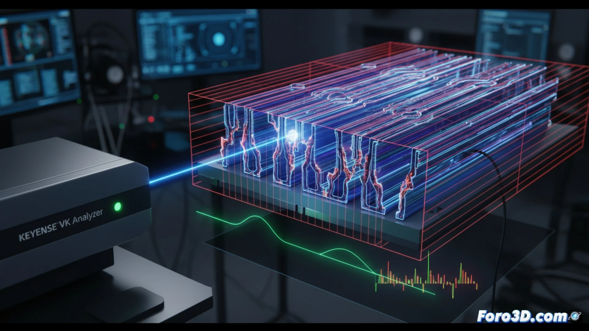 Perfilometría 3D de guía de ondas cuántica con microscopio Keyence VK Analyzer revelando rugosidades submicrométricas