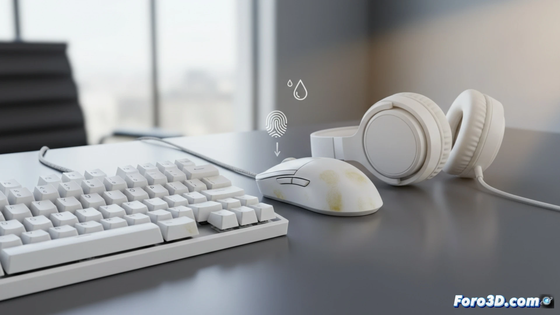 Teclado blanco con huellas dactilares y polvo, junto a un ratón blanco amarillento, sobre fondo oscuro.