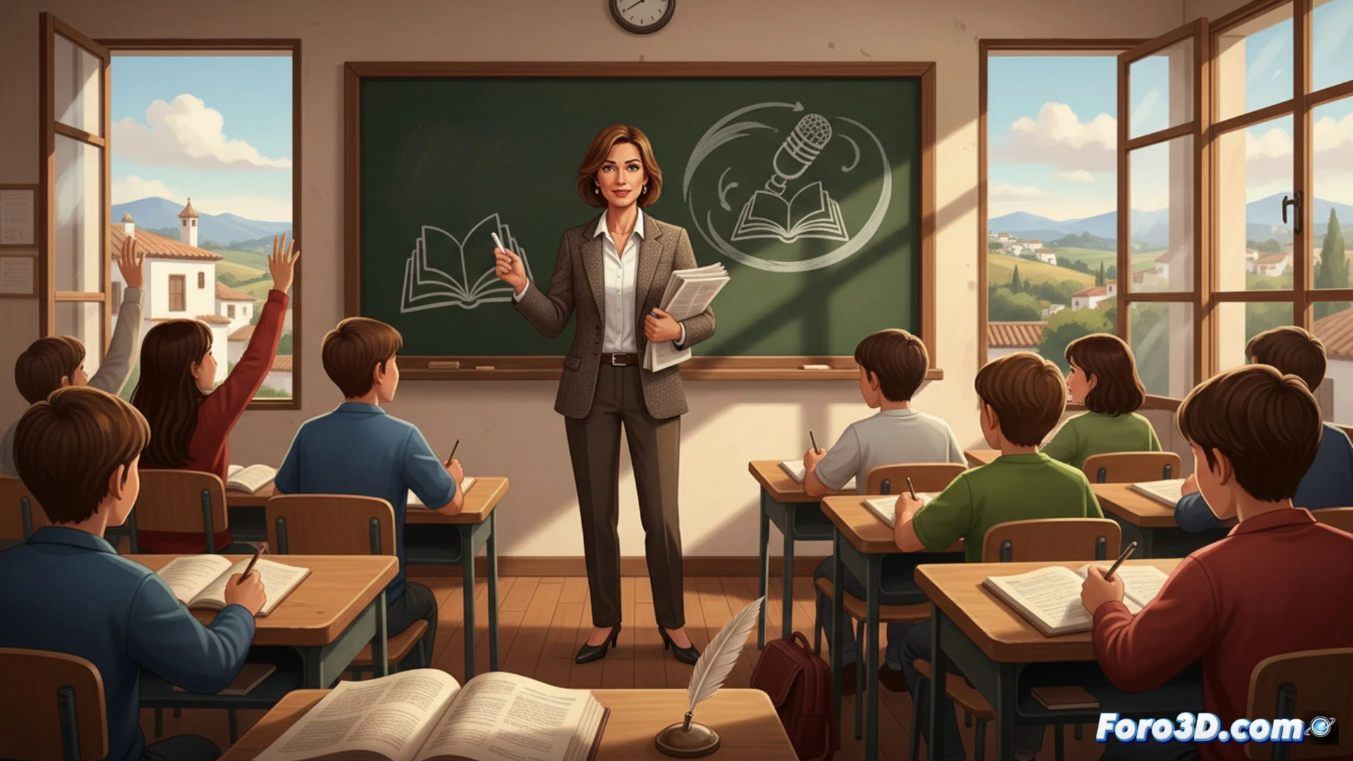 un periodista frente a una pizarra digital interactiva, sosteniendo un micrófono en una mano y señalando un diagrama gramatical animado en la pantalla, estudiantes adolescentes tomando apuntes en pupitres modernos, libros de texto abiertos mostrando páginas de literatura, una cámara de video sobre un trípide al fondo grabando la clase, luces de estudio suaves iluminando la escena, pizarra con esquemas sintácticos y líneas de conexión, estilo cinematográfico realista, colores cálidos de aula andaluza, profundidad de campo suave, fotografía editorial de alta calidad