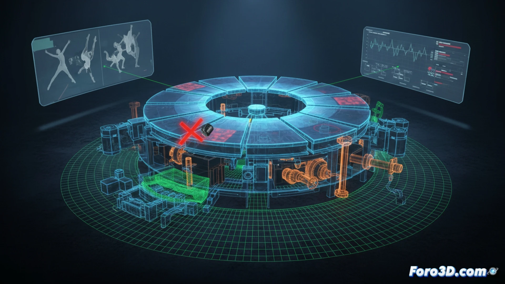 Perito forense analiza modelo 3D de escenario giratorio con escáner láser y simulación de fallo mecánico