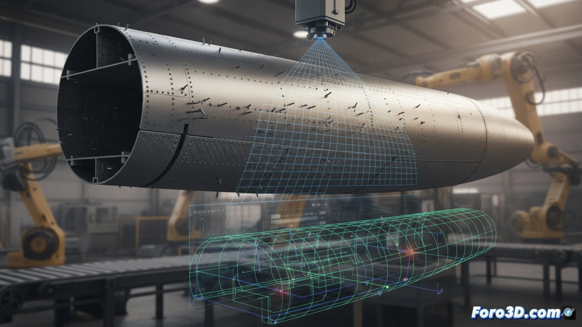 Operario revisa proyeccion laser en fuselaje aeronautico con desviacion de remaches detectada por GOM Inspect