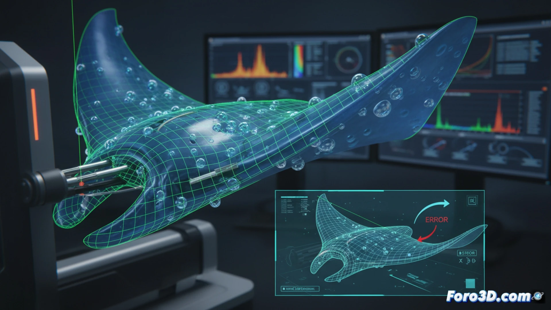 Render 3D de aleta robótica de mantarraya con burbujas internas visibles en corte transversal