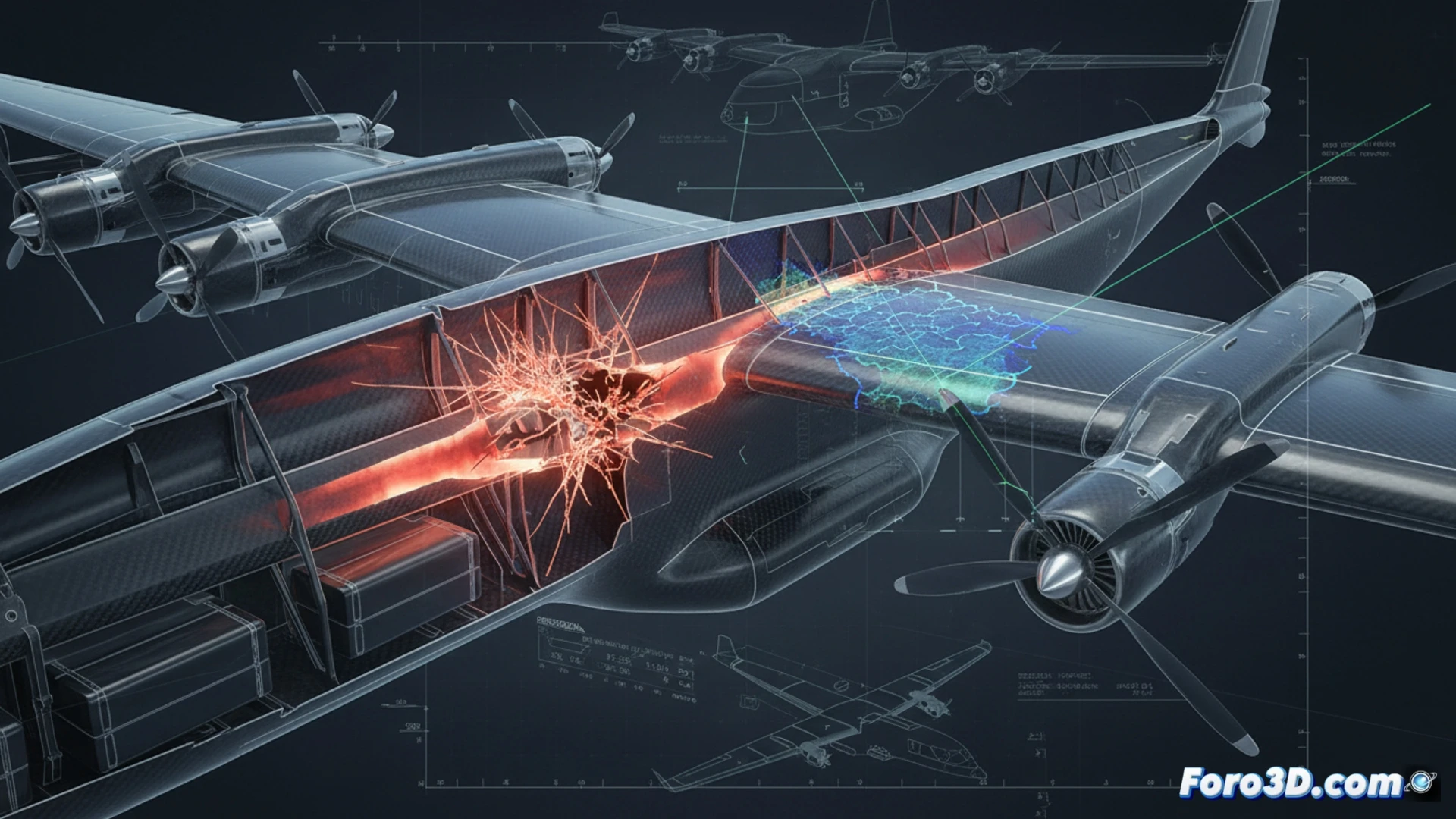 Simulación 3D de fatiga en material compuesto mostrando zona de disbond en ala de avión eléctrico de carga