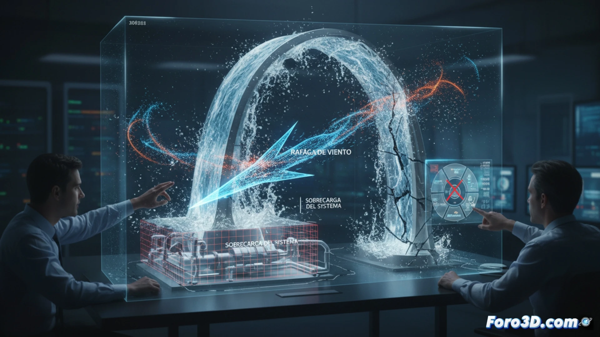 Simulación CFD del colapso de cortina de agua de 30 metros sobre equipo técnico en espectáculo multimedia