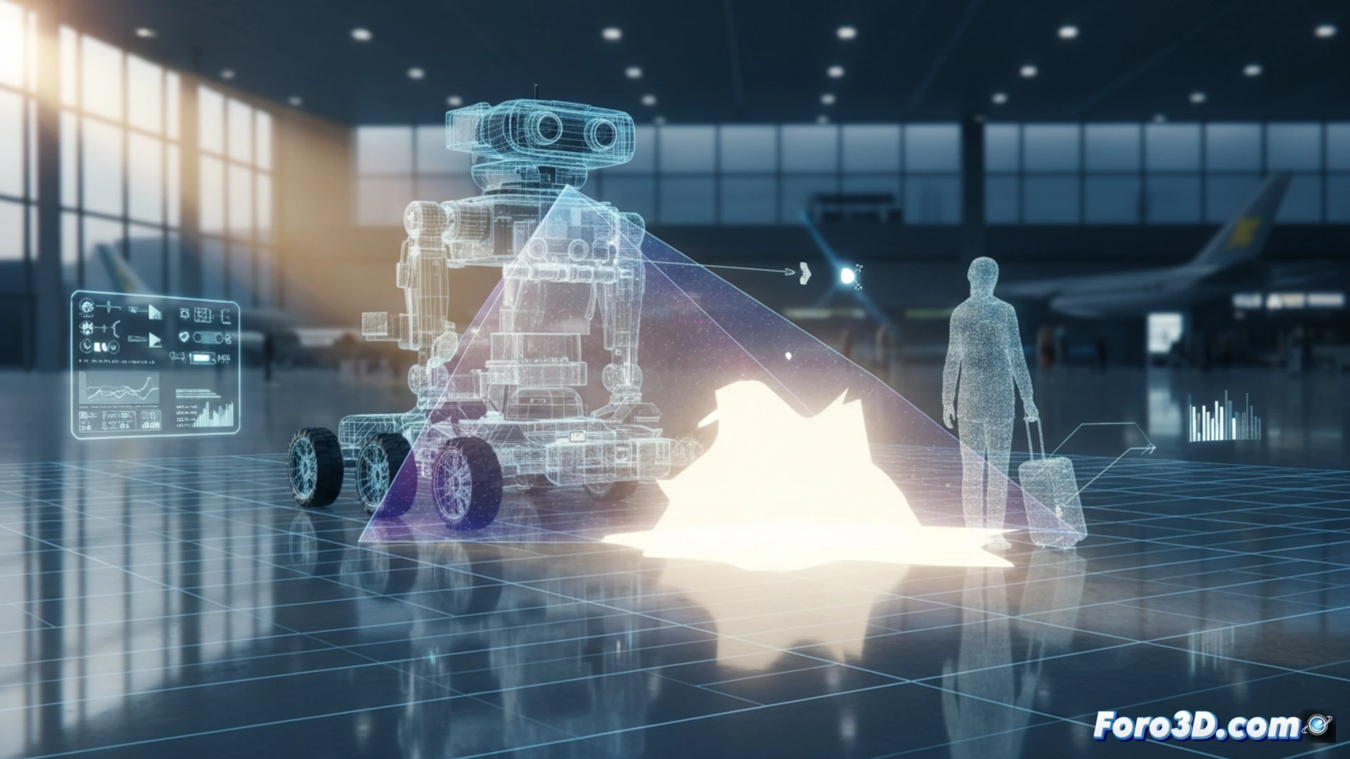 Reconstruccion 3D de colision robot aeropuerto con punto ciego por reflejo solar en suelo pulido