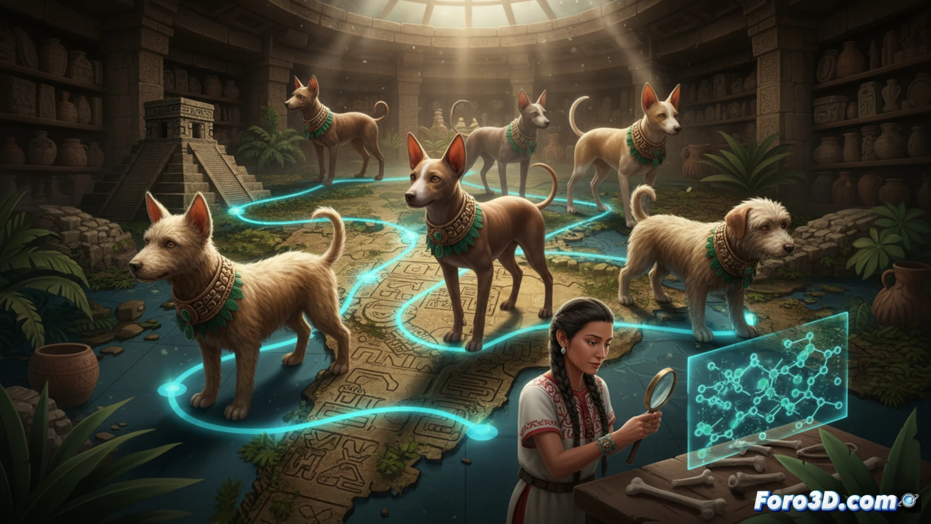 Reconstrucción 3D de perro maya exótico en rutas comerciales de Chiapas, modelado digital arqueológico