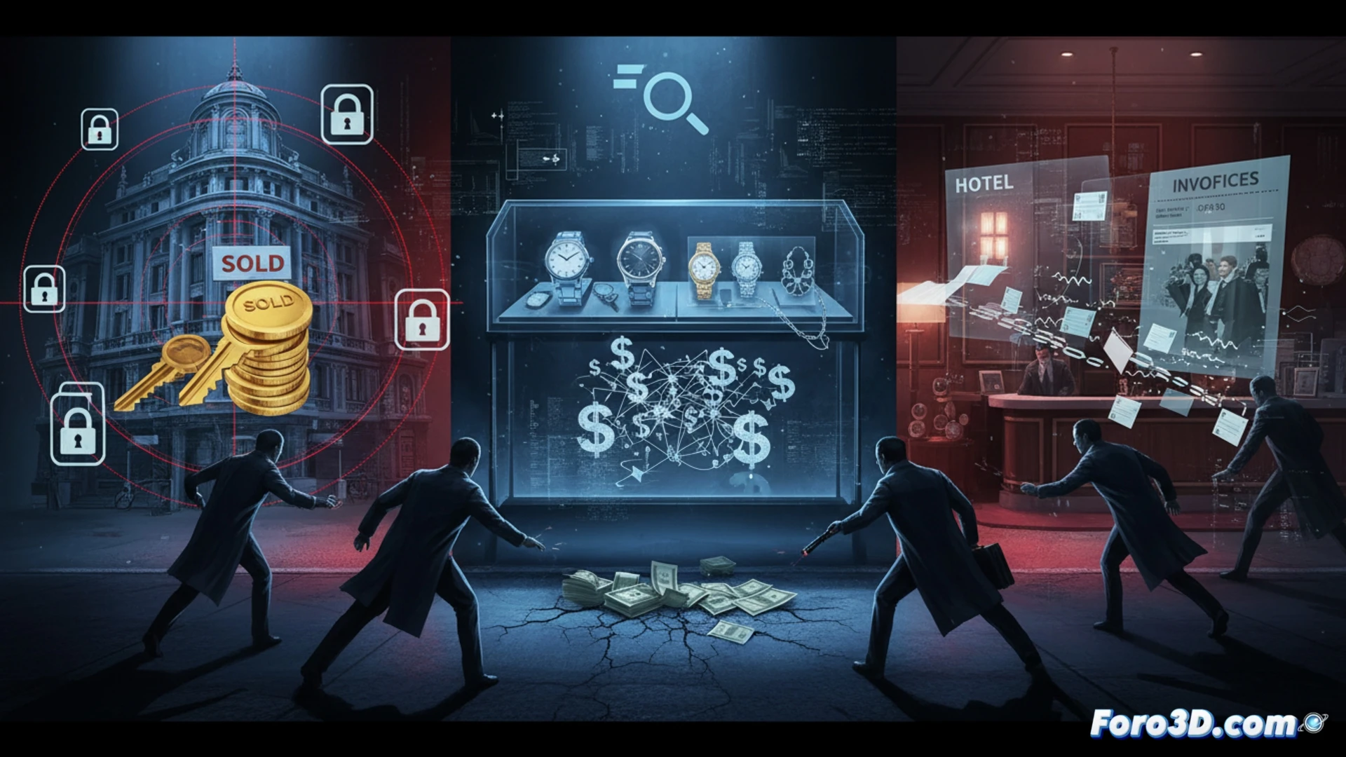 Three inspectors examining a luxury hotel reception desk with a tablet showing flagged transactions, a real estate agent handing over keys to a high-end apartment while a magnifying glass hovers over a contract, a watch display case with price tags being scanned by a handheld device, all under bright office lighting, cinematic photorealistic technical illustration, modern minimalist interior with glass walls and marble floors, intense investigative atmosphere, detailed financial documents and surveillance screens visible in background, action of detection and verification, ultra-sharp focus on hands and tools