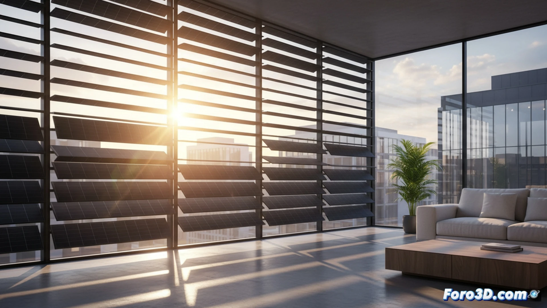 Persianas solares SolarGaps con paneles fotovoltaicos integrados en ventana moderna, simulación 3D de eficiencia energética