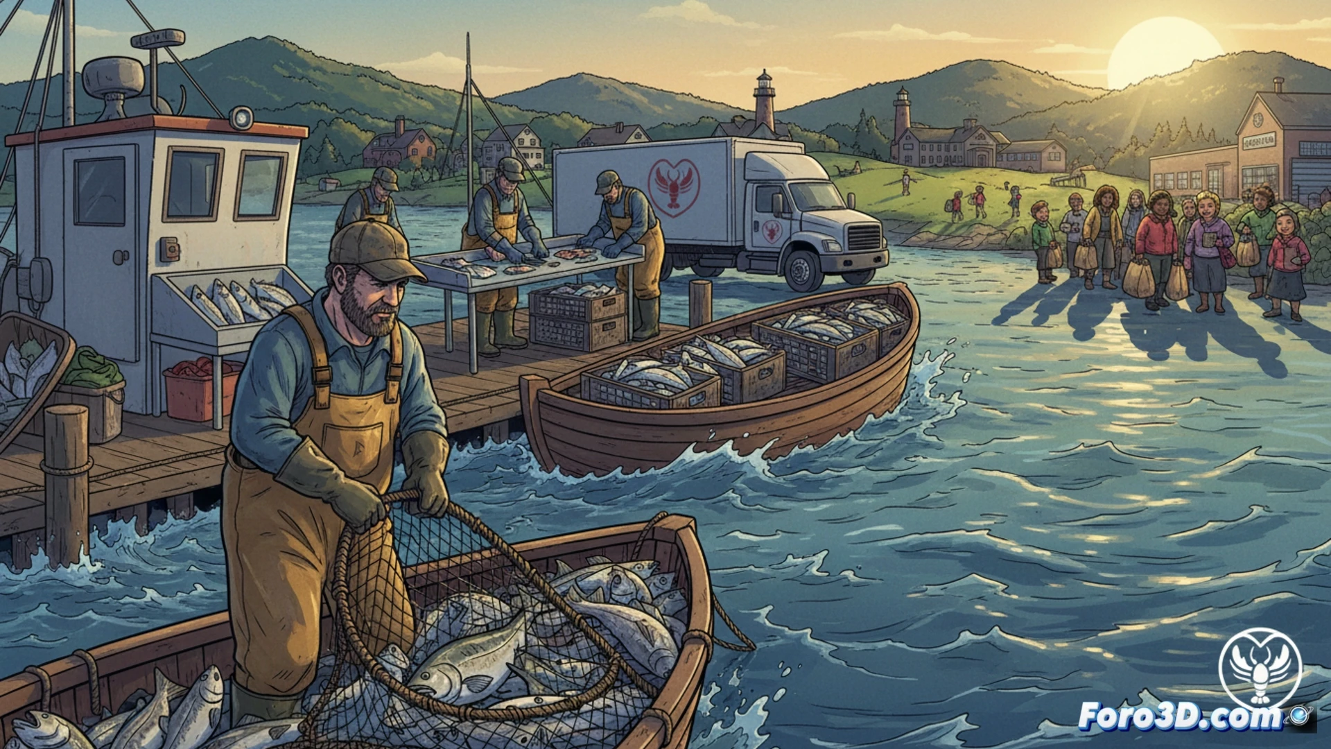 fisherman unloading fresh catch onto stainless steel processing table, gloved hands cutting fish fillets, conveyor belt moving frozen fillets into labeled boxes, dock workers loading boxes into refrigerated truck, Maine coastline visible through open warehouse door, morning light illuminating steam rising from ice bins, cinematic photorealistic technical illustration, bright industrial lighting, detailed fish scales and metal surfaces, action of processing and donation chain, realistic textures and reflections